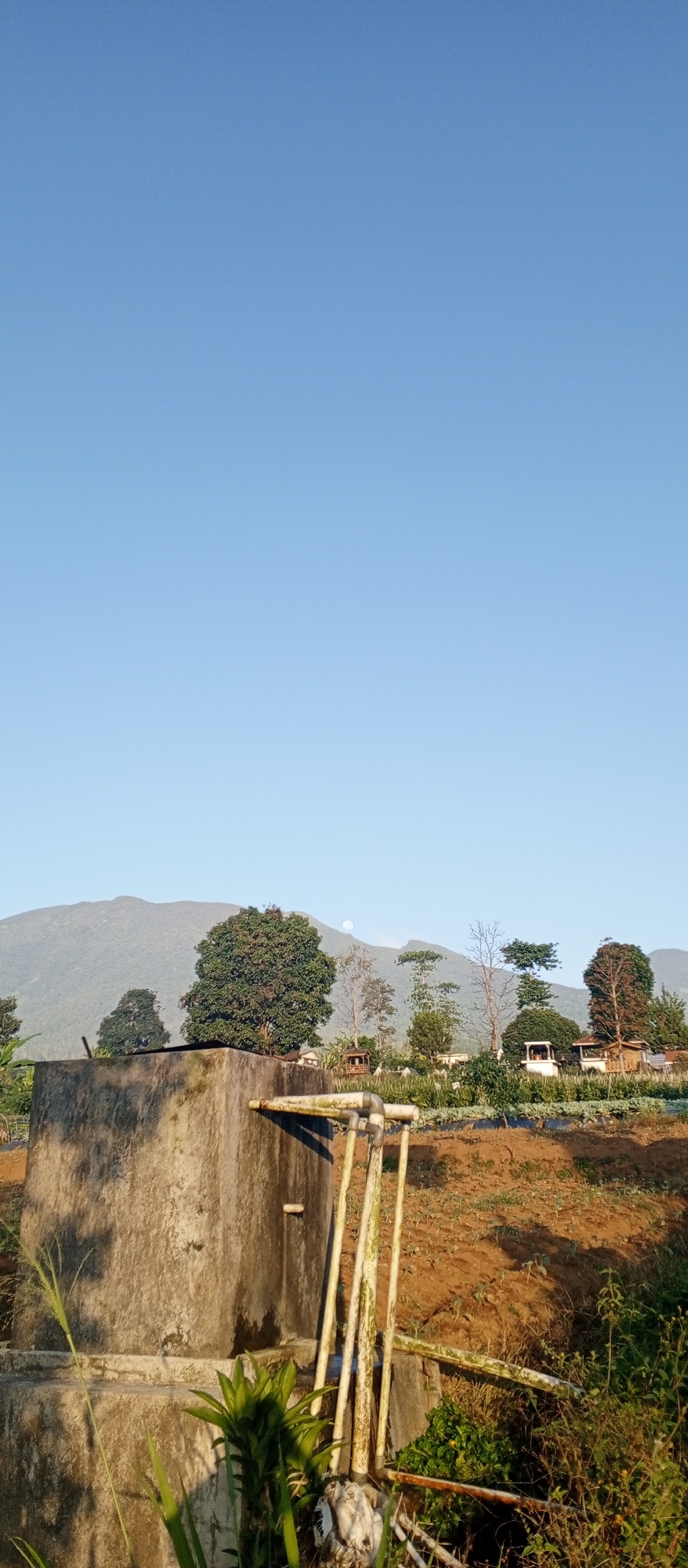 The image depicts a rural landscape under a clear blue sky. In the foreground, a large, rough concrete structure, possibly a water tank, dominates the left side. Several vertical pipes, weathered and white, extend upwards from the base of the concrete structure. To the right of the structure is a field of young crops growing in reddish-brown soil. Beyond the field, a line of trees and some small structures, potentially houses or gazebos, are visible. A large, lush green tree stands prominently in the mid-ground, to the left of center. In the background, a hazy mountain range stretches across the horizon. A faint full moon is visible against the mountain. The overall impression is one of a serene, agricultural environment, bathed in the soft light of early morning or late afternoon. The specific location, Ruwan Eliya, Sri Lanka, suggests a tropical or sub-tropical climate, consistent with the lush vegetation.