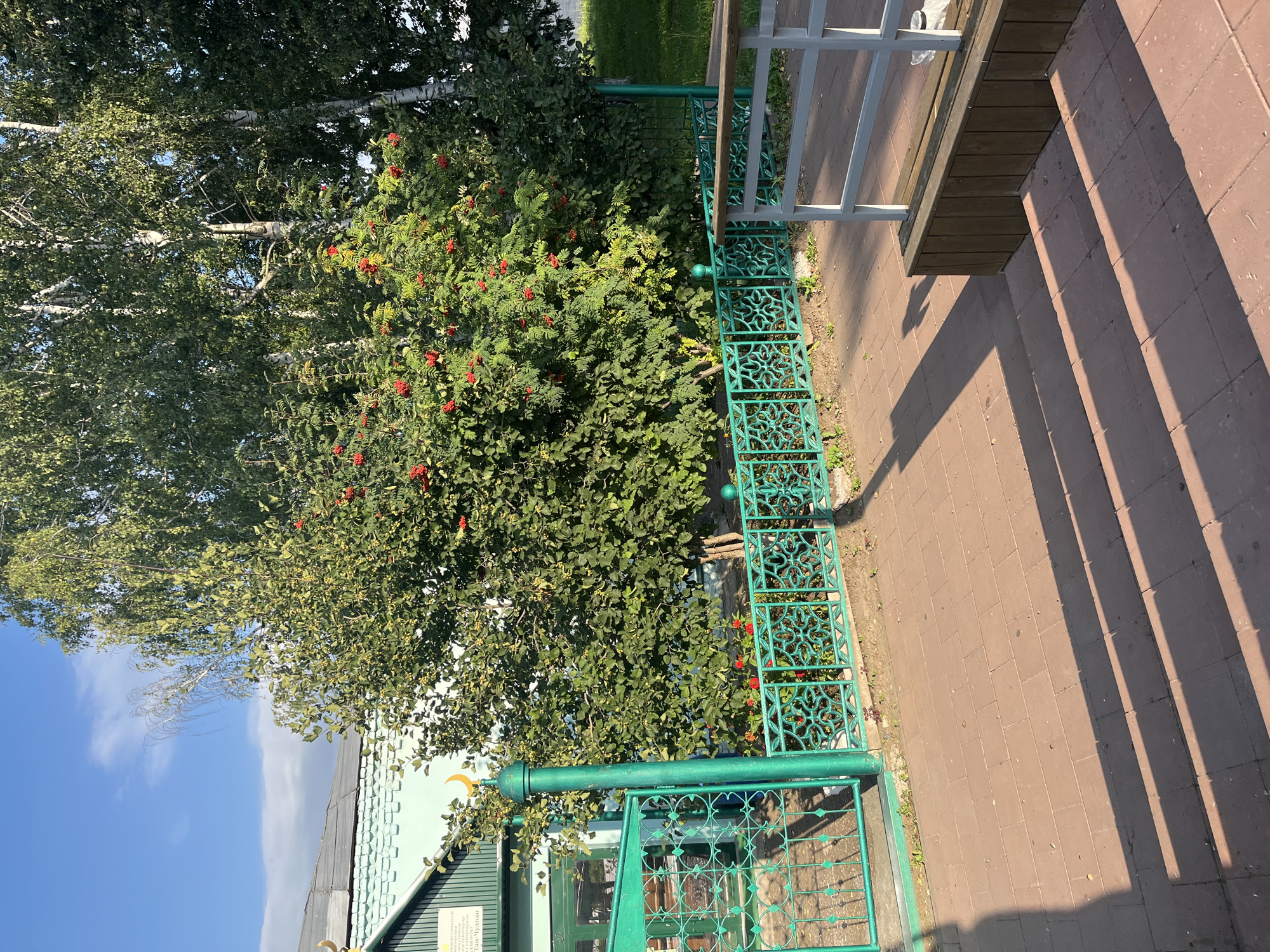The image shows a section of a building with a green roof and white trim, situated next to a lush green fence. A prominent feature is a rowan tree laden with bright red berries, its branches extending towards the building and the fence. The ground is paved with reddish-brown tiles, and shadows of an unseen structure fall across the paving stones. To the right of the paving, there are wooden steps with a metal railing, indicating an elevated area or an entrance. A green metal fence with an intricate design runs horizontally across the mid-ground, separating the paved area from a patch of greenery. The sky above is a clear blue with a few wispy white clouds. The building appears to be a place of worship or a historical site, given the crescent moon ornament visible on top of a green pole near the entrance gate, and the inscription on a plaque on the building. The scene suggests a serene, possibly religious, outdoor setting in Novye Turbasly, Russia.