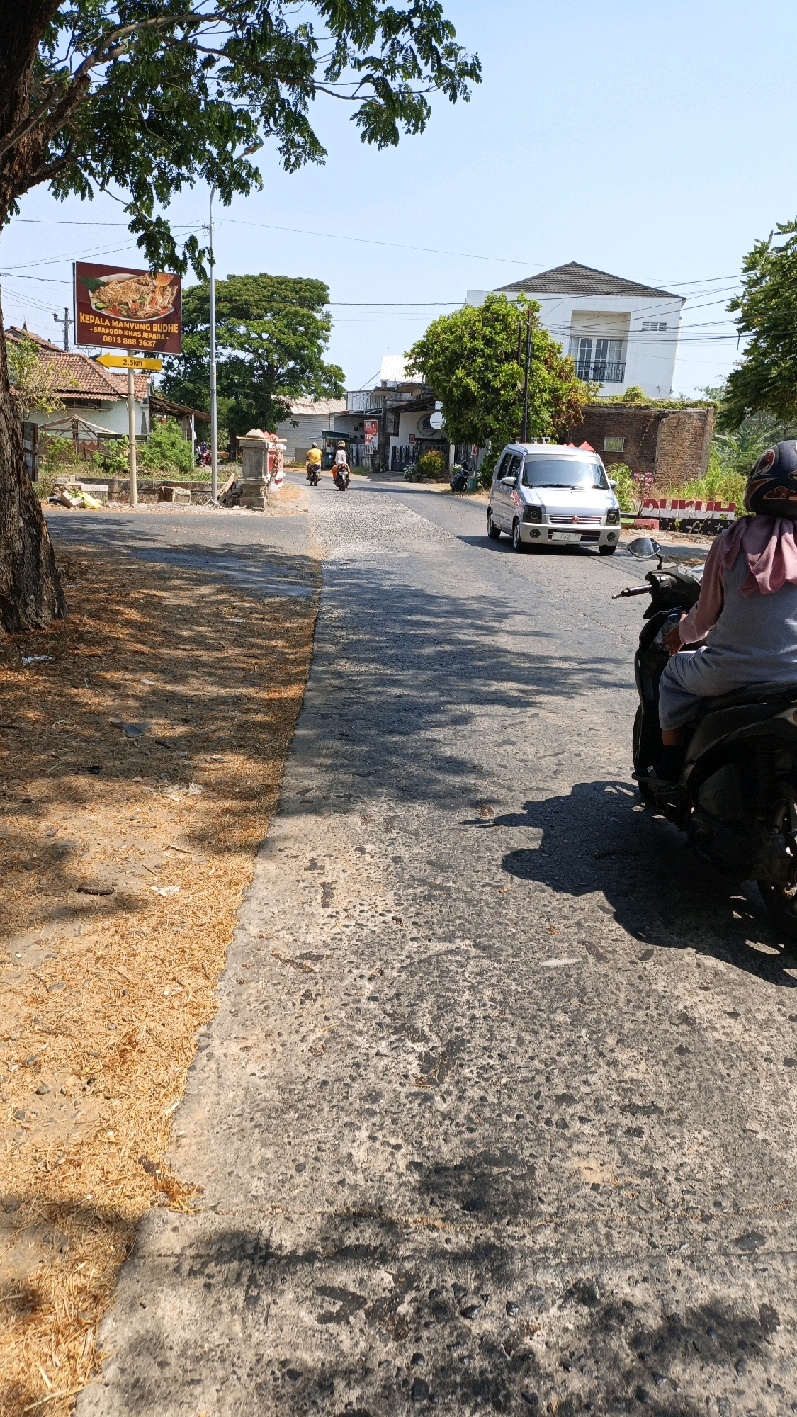 The image depicts a street scene in Jepara, Indonesia, under a clear blue sky. A tree shades the left side of the road, where dry leaves litter the ground. A billboard advertising "KEPALA MANYUNG BUDHE - SEAFOOD KHAS JEPARA" is visible on the left, with a sign indicating "2.5km" towards the location. The road itself is paved and somewhat worn, with shadows from trees dappling the surface.
In the mid-ground, two individuals on motorcycles are traveling away from the camera. Further down the road, a white van is approaching. On the right side of the road, a person on a dark-colored motorcycle is facing away from the camera and is in the foreground. This motorcycle rider is wearing a helmet with a pink headscarf.
Buildings are visible on both sides of the street, including residential structures with terracotta roofs and a more modern white building with a dark roof. Green trees and vegetation are present throughout the scene, contributing to a somewhat rural or suburban atmosphere. The overall impression is one of a sunny day on a local road in Jepara.