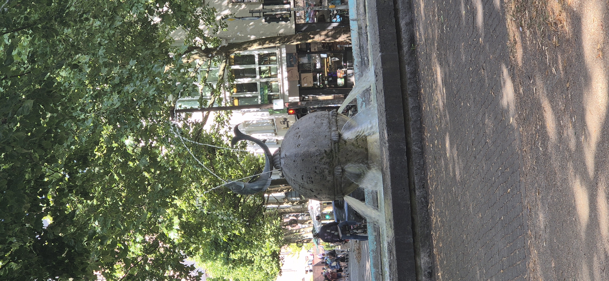 The image shows a fountain in a city square in Mainz, Germany. The fountain has a large, round basin with water spouting from three points, and a sculpture of a fish on top, from which water also sprays. The fountain is surrounded by a stone edge, and a paved walkway in front of it. In the background, there are trees, buildings, and people walking. One person on a bicycle is visible in the foreground. The scene is bathed in sunlight, casting shadows from the trees.
