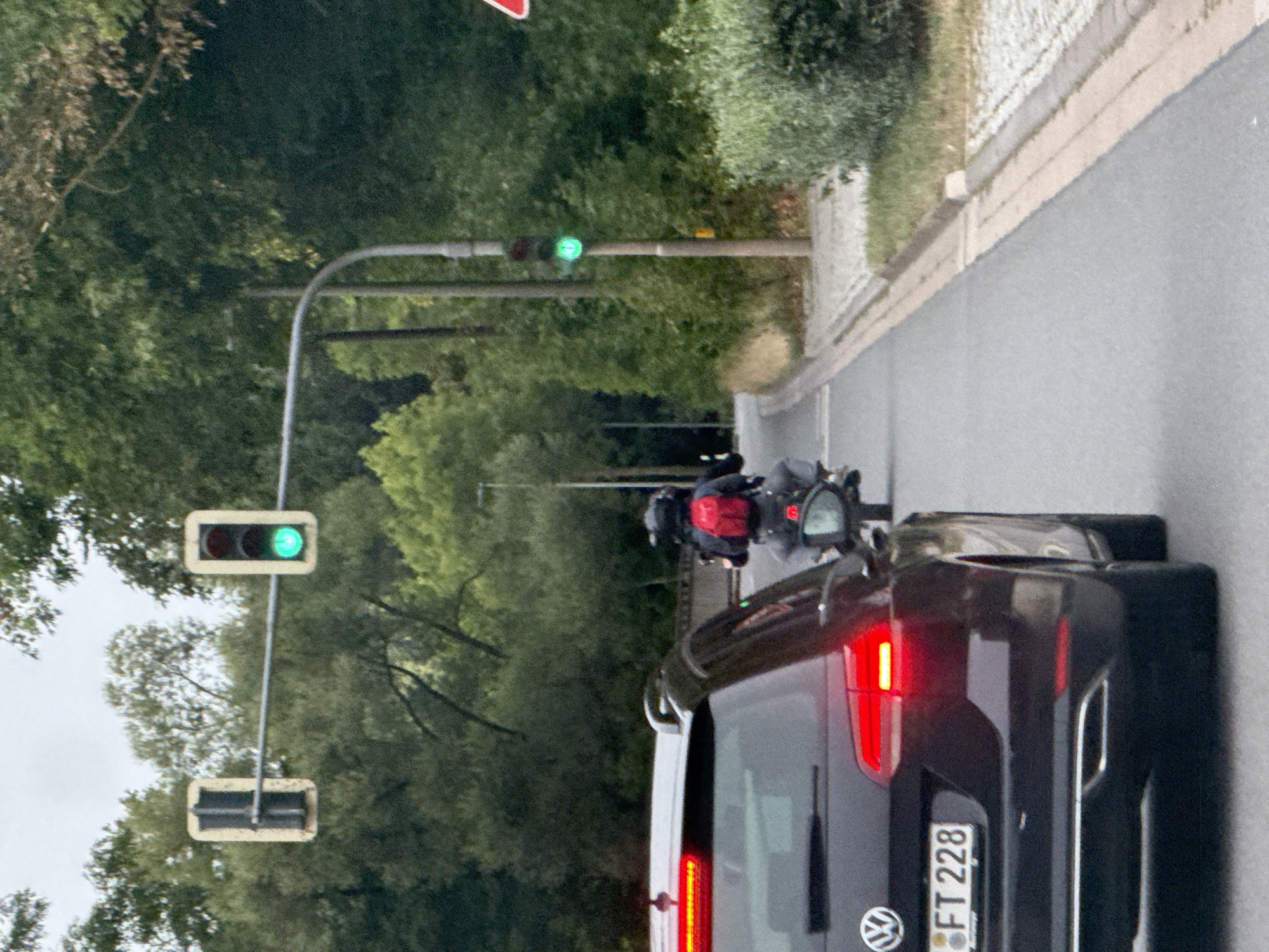 A dark-colored Volkswagen station wagon with a license plate ending in "FT 228" is in the foreground, viewed from the rear left. The car's brake lights are illuminated. A motorcyclist wearing a helmet and a red backpack is on a motorcycle in the middle ground, to the right of the station wagon. The motorcycle is equipped with saddlebags. The scene is a paved road with a grassy shoulder and trees on the right side. Two traffic lights are visible in the background. The traffic light on the left has a green light illuminated. The traffic light on the right also has a green light illuminated. The location is indicated to be Nordhausen, Germany.
