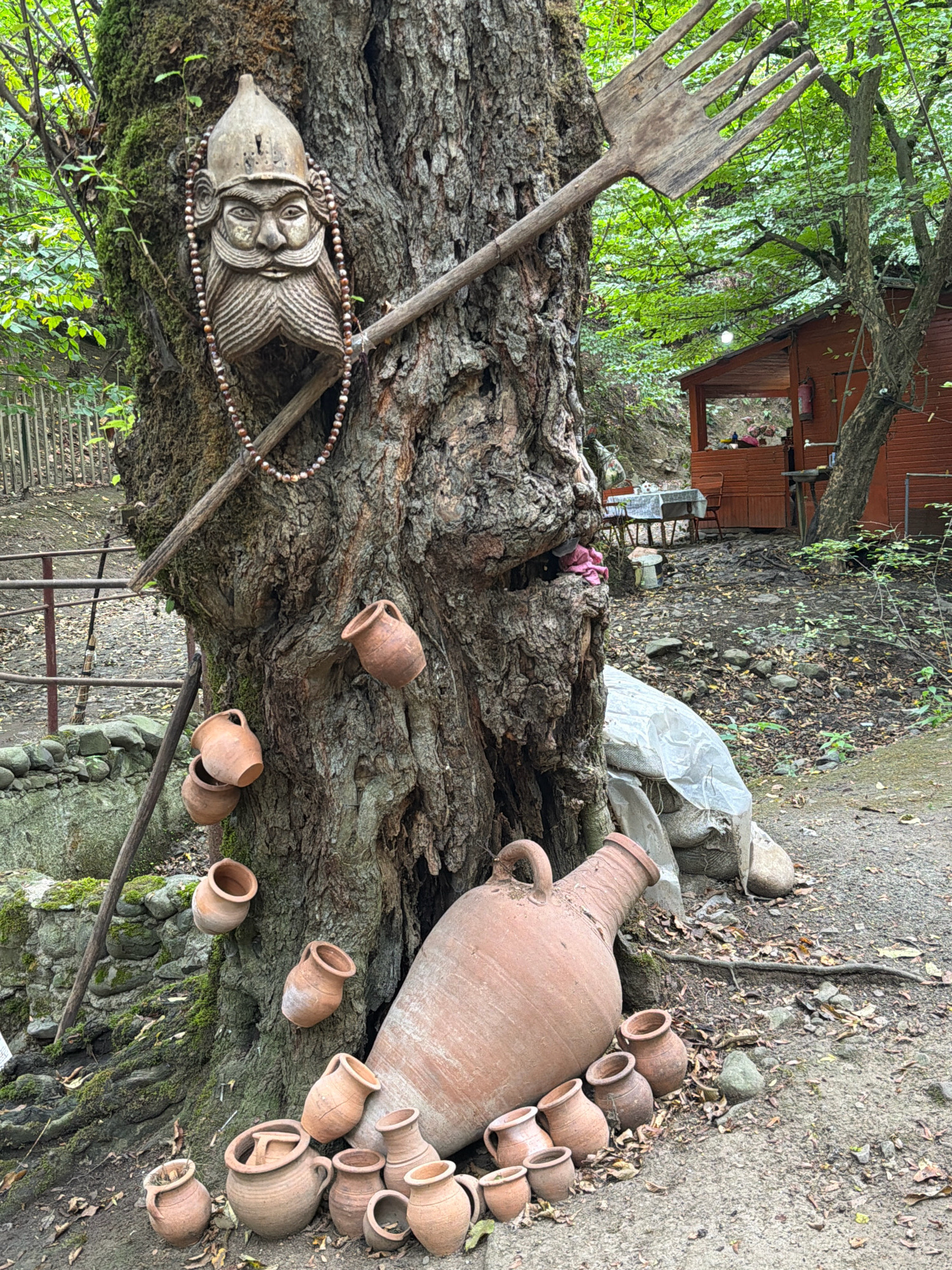 The image shows a large tree in an outdoor setting, possibly a village or rural area. Attached to the tree is a wooden carving of a face wearing a helmet and a beaded necklace. A wooden pitchfork is leaning against the tree. Several clay pots of various sizes are arranged around the base of the tree and also attached to the trunk. In the background, a small wooden structure with a table and chairs is visible. The ground is covered with leaves and dirt, and the surrounding vegetation suggests a forested area. The image captures a rustic, possibly traditional, scene. It is located in the city of Masalli, Azerbaijan.