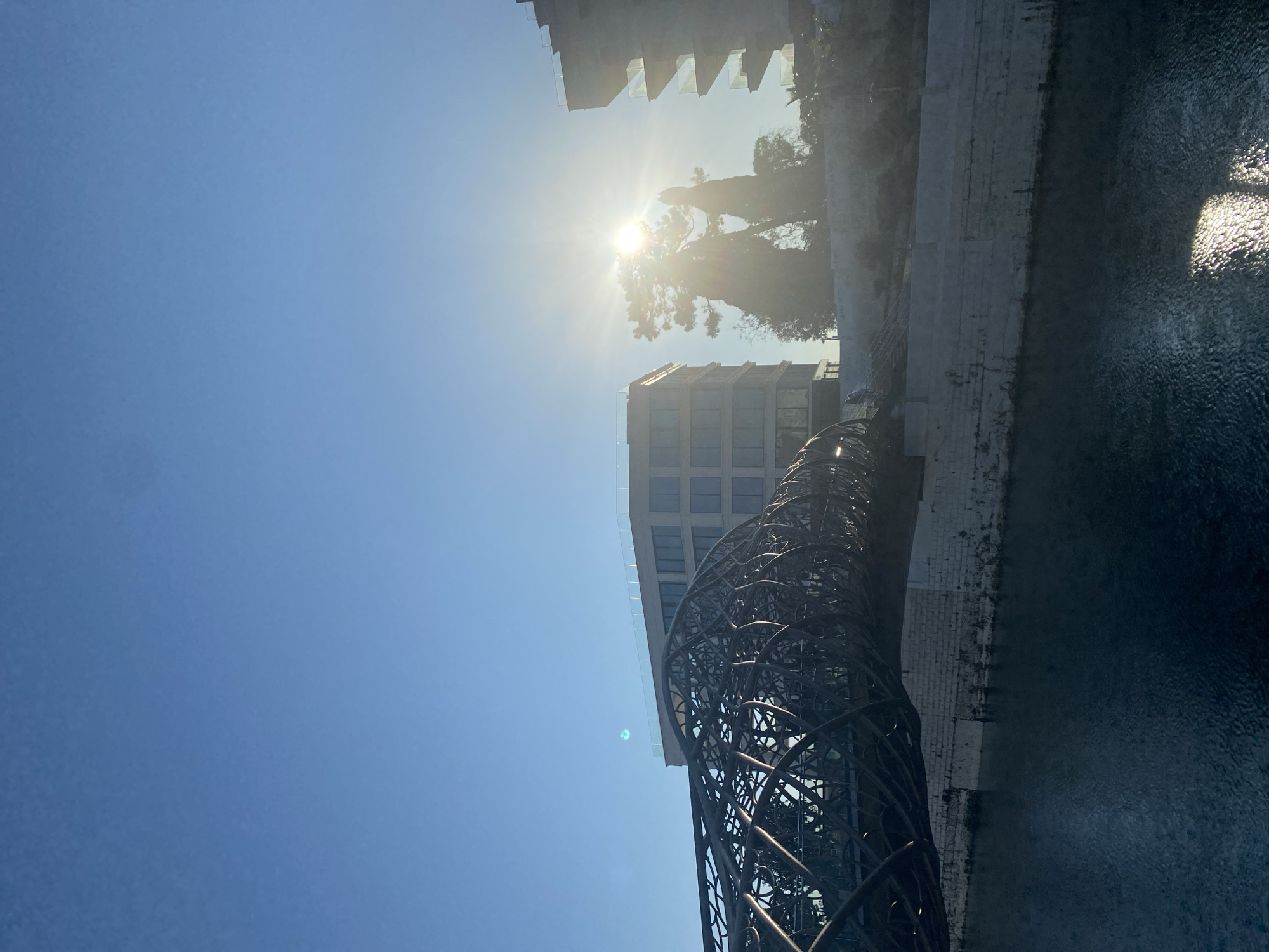 The image depicts an outdoor scene in Sochi, Russia, under bright sunlight and a clear blue sky. The primary focus is a tall, twisting metal sculpture, composed of intertwined dark-colored elements. Adjacent to the sculpture is a modern building with many windows. To the right, there is a river with a stone embankment, and the reflections of the sun and sky are visible in the water. Behind the building, through the glare of the sun, are some trees and architectural features that suggest other structures. The overall environment indicates an urban riverside location, likely a public space or park.