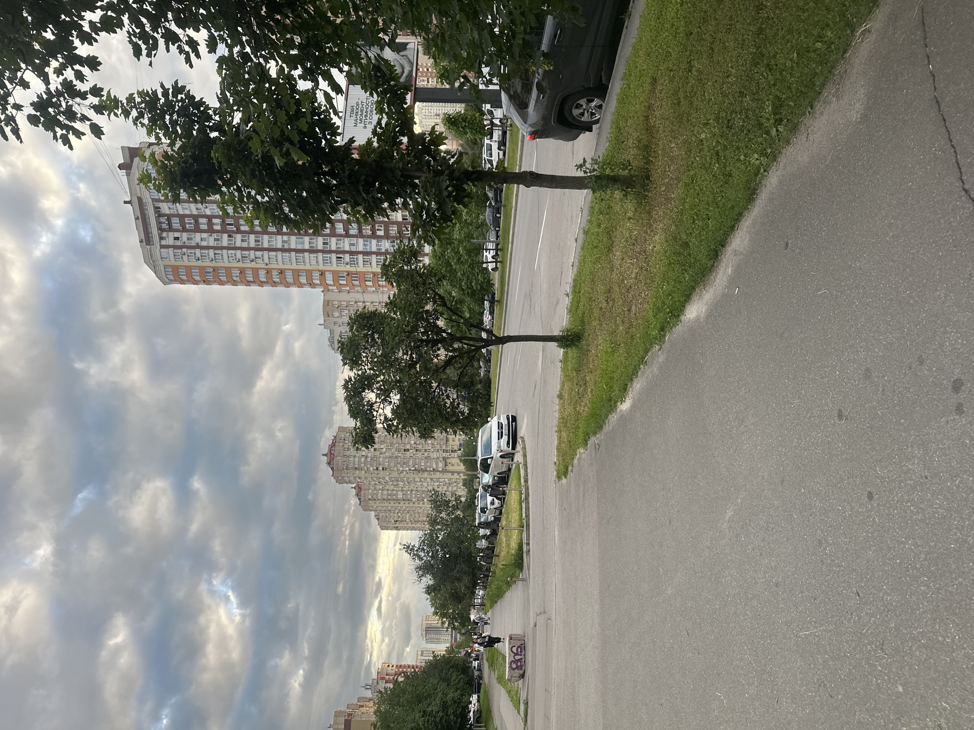 The image captures a street scene in Kyiv, Ukraine, likely in a residential area with high-rise buildings lining the road. A sidewalk runs along the left side of the image, with a person walking on it, seen from behind. Several cars are parked along the right side of the street, with more cars driving in the distance. Trees line the median of the road, and a grassy area separates the sidewalk from the street. The sky is overcast with dramatic clouds. A billboard is visible in the background. The overall impression is one of an urban environment on a cloudy day.