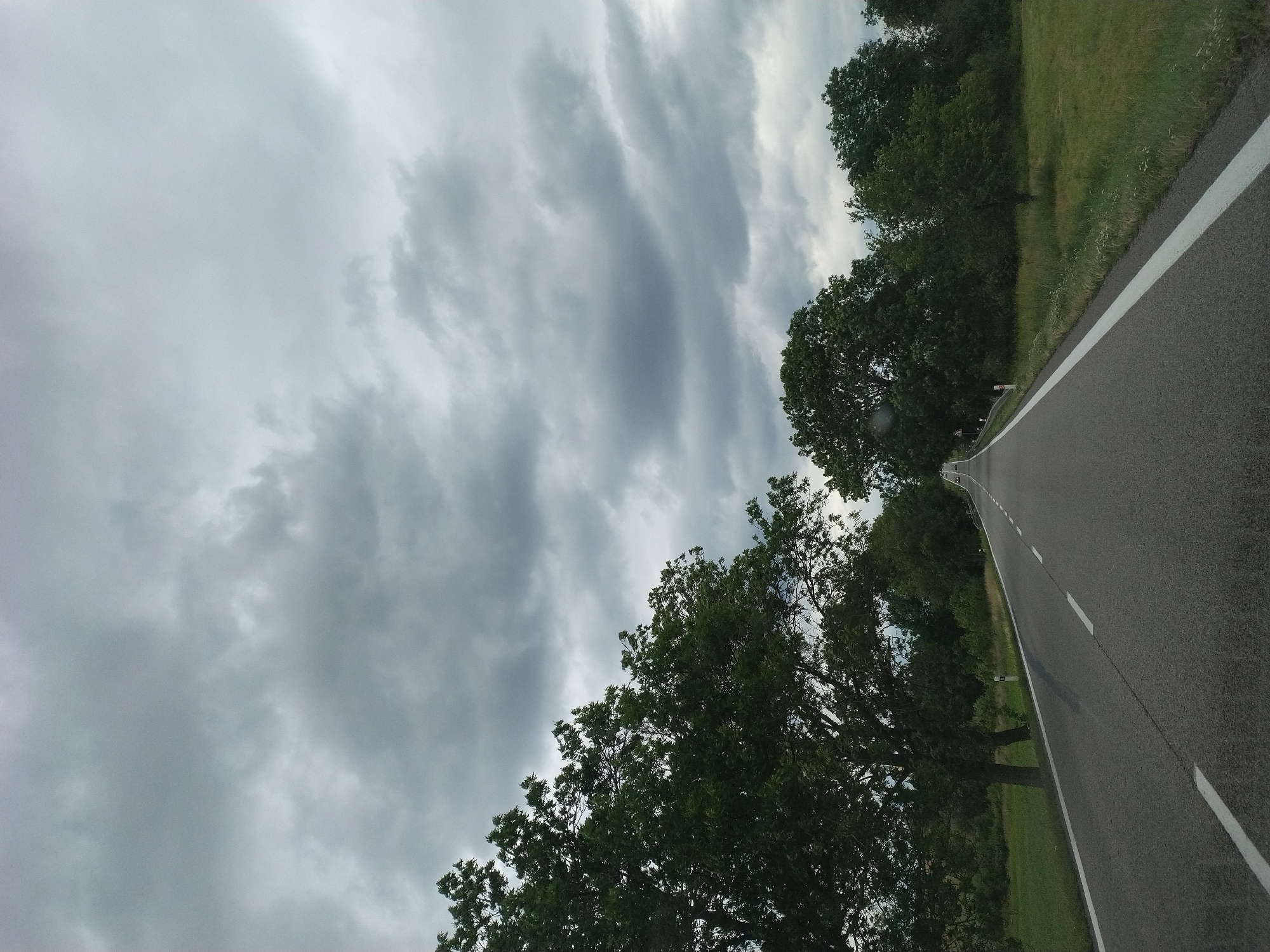 The image depicts a road curving through a rural landscape under a cloudy sky. The perspective is from a low angle, looking upwards and to the right along the asphalt road. The road is marked with white lines. On the left side of the road, a grassy verge transitions into a dense line of green trees. Some of these trees are large and leafy, with one prominent tree in the foreground on the left. On the right side of the road, the verge is also grassy, with more trees further in the distance. The sky is filled with dramatic, grey, and white clouds, suggesting overcast or potentially stormy weather. The lighting is diffused, typical of a cloudy day. There are no people visible in the image. Several small road signs are visible along the side of the road. The overall impression is one of a quiet, natural setting on a day with dynamic cloud formations. The location is indicated as Záhoří, Czechia, which aligns with the European-style road markings and the presence of deciduous trees.