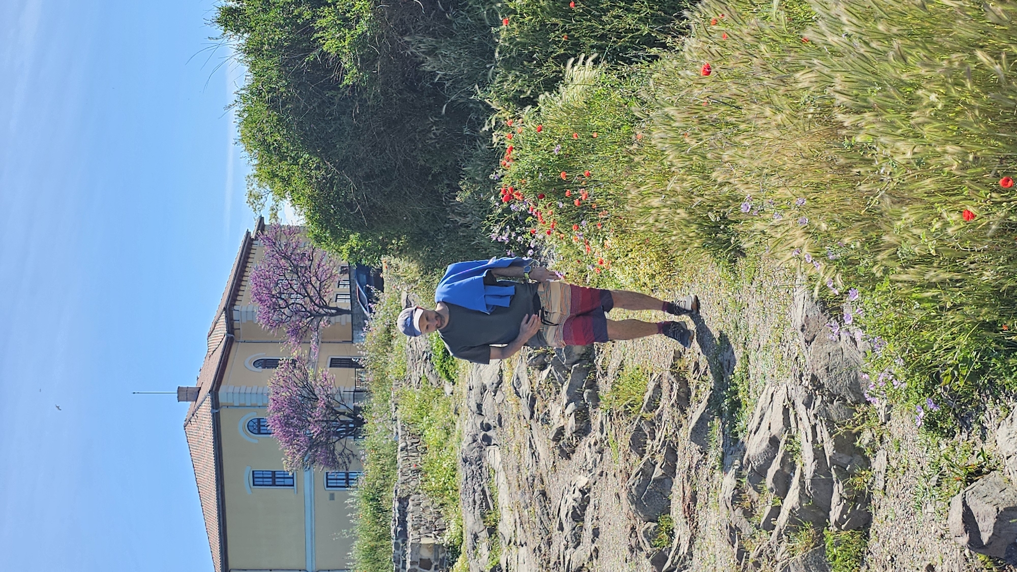 The image depicts a man standing on a rocky slope, possibly a hillside, on a sunny day. He wears a baseball cap, a dark green t-shirt, patterned shorts, and athletic shoes. A blue sweater is draped over his shoulders. The backdrop includes a building with a light yellow facade and a reddish-brown roof, accompanied by two trees with purple blossoms. The rocky slope is interspersed with grass and wildflowers, including red poppies. The sky is clear blue. The location is likely Sozopol, Bulgaria.