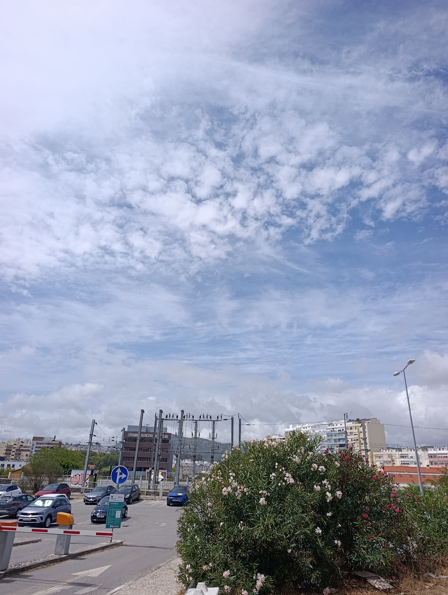 This is a daytime, eye-level, full shot of a parking lot in Setúbal, Portugal, on a cloudy day. In the foreground, a barrier gate is partially visible, and a flowering bush with pink and white flowers is on the right. Several cars are parked in the lot, including a blue car, a dark gray car, and a silver car. In the background, there are buildings, power lines, and a lamppost. The sky is filled with white and gray clouds. The text "CÂMARA MUNICIPAL" is visible on a building in the background.