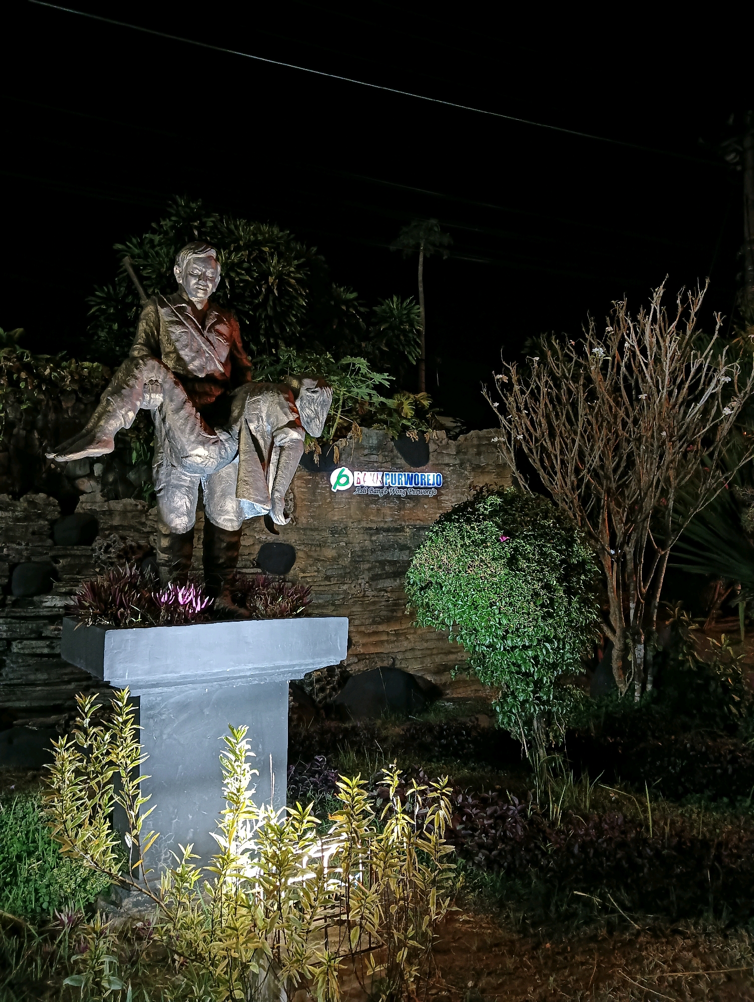 The image captures a nighttime view of a statue in the city of Purworejo, Indonesia. The statue, rendered in a bronze or metallic finish, depicts a person carrying another person who appears to be injured or deceased. The main figure is standing, with their left arm cradling the other person's torso and head, and their right arm supporting the legs. Both figures are dressed in what appear to be historical or military-style clothing.
The statue is positioned on a raised, rectangular base that is illuminated from below by artificial lights, casting a glow on the plants surrounding it. The base itself is a light gray concrete structure. Around the base, there are various plants, including some with purple foliage and others with green leaves that are brightly lit.
Behind the statue is a textured wall, possibly made of stone or concrete, which serves as a backdrop. On this wall, a logo or sign is visible, featuring a green circular emblem with white text that reads "BANK PURWOREJO.ID". Below this, smaller text is also present, though it is difficult to decipher clearly.
To the right of the statue, a bare, leafless tree with intricate branches stands prominently. Adjacent to the tree is a dense, round bush, illuminated by nearby lights, highlighting its green foliage. The environment appears to be a park or public space, given the landscaping and the presence of the statue and decorative elements. The overall lighting suggests it is after sunset, with artificial lights illuminating specific areas of the scene. The sky in the background is dark.