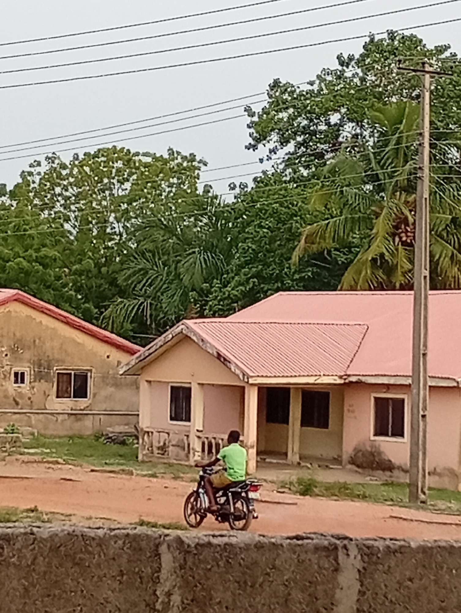 In Adankolo, Nigeria, a person wearing a green shirt rides a motorcycle on a dirt road in front of two single-story buildings with pink roofs. A gray concrete wall is in the foreground. Overhead power lines are visible above the trees and buildings. A utility pole stands on the right. The sky is overcast.