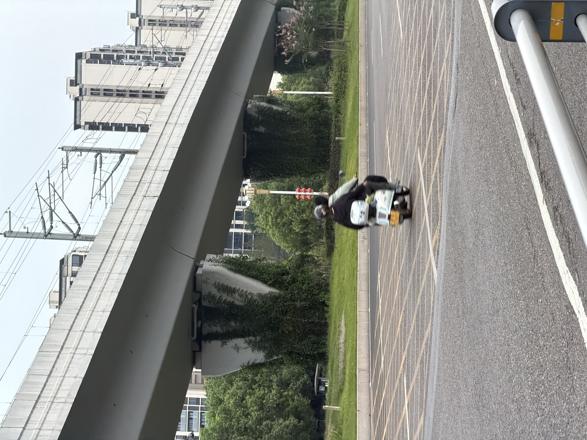 The image depicts a street scene in Jiangjin, China, under an elevated transportation structure, likely a railway or highway. The foreground features an asphalt road with yellow and white lane markings. In the middle ground, two individuals are riding on a light blue scooter, heading away from the viewer. The person in the back is wearing a dark jacket, and the person in the front is wearing a light-colored jacket and a helmet. The scooter has a yellow license plate. To the left of the scooter, a red traffic signal is visible. The elevated structure is supported by massive concrete pillars covered in dense green vegetation, giving the scene a somewhat overgrown, naturalistic feel integrated with urban infrastructure. In the background, tall residential buildings rise above lush green trees. The sky is overcast, contributing to a muted lighting condition.