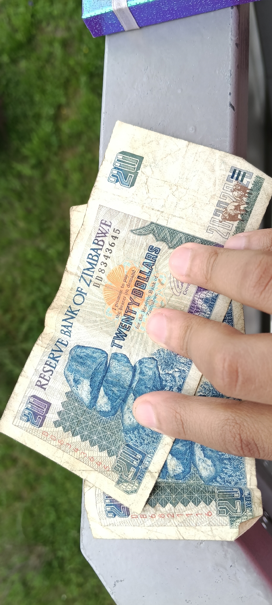 The image shows two Zimbabwean twenty-dollar banknotes being held by a person's hand. The banknotes are light-colored with blue and brown details, featuring various designs and text. One banknote is partially obscured by the other. The text "RESERVE BANK OF ZIMBABWE" and "TWENTY DOLLARS" are clearly visible on the top banknote. A serial number, "DB 8343645", is also present. The banknotes are placed on a gray metal surface, possibly a railing or ledge, with a blurry green background of grass and foliage. In the upper left corner of the image, a portion of a colorful gift box, adorned with a white ribbon, is visible. The lighting suggests it is daytime, and the overall setting appears to be outdoors. No specific emotion is conveyed by the image, and the focus is on the banknotes and the act of holding them. The banknotes themselves are the primary subjects, with the hand and the background serving as supporting elements. There is no information in the image that suggests a connection to Wels, Austria.