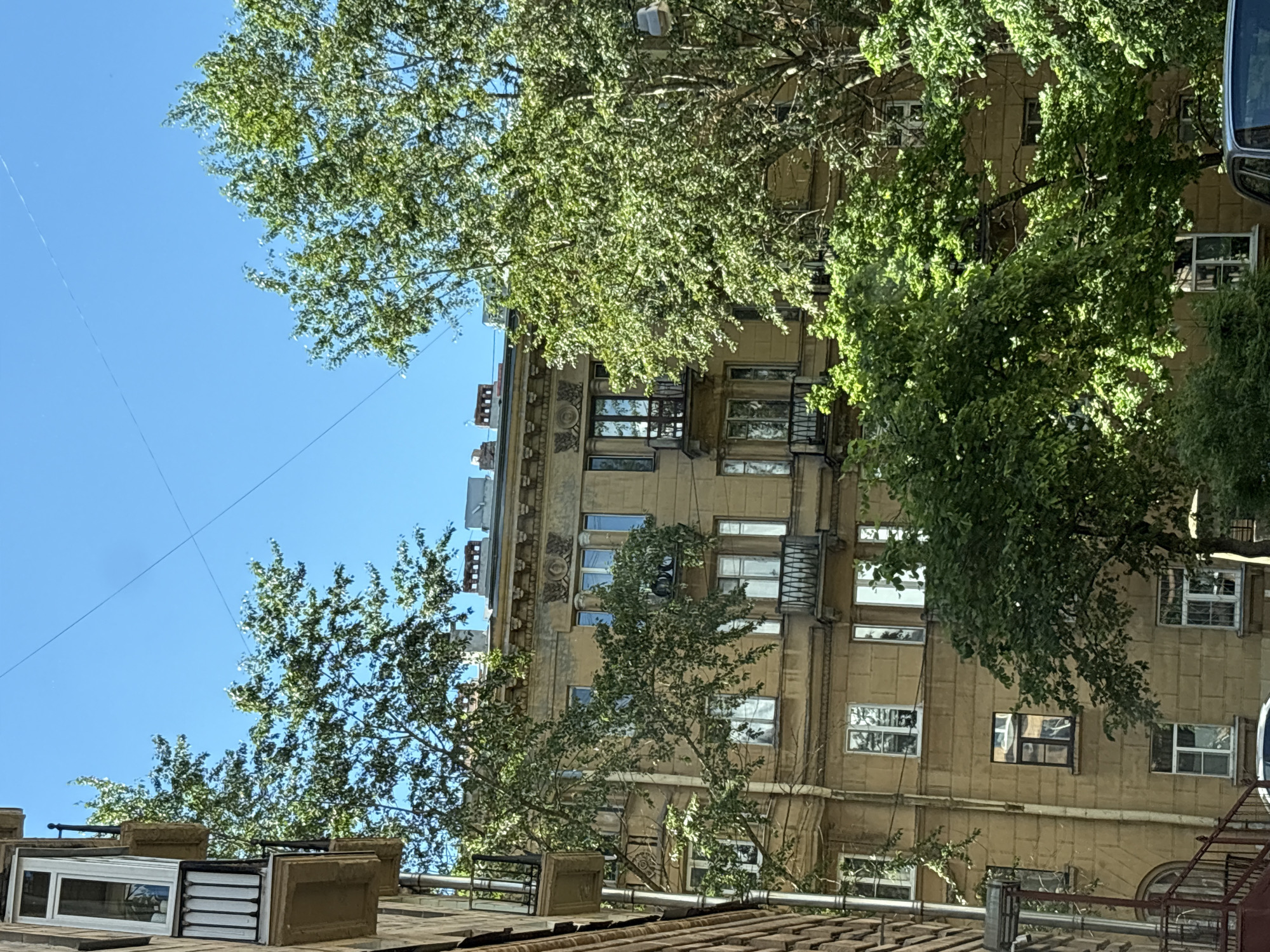 This is a photograph of a beige, multi-story building with ornate architectural details, likely located in Saint Petersburg, Russia, given its style. The building features numerous windows, some with decorative balconies and railings. Lush green trees with dense foliage partially obscure the facade, with branches and leaves reaching out towards the viewer. The sky above is a clear, bright blue with two thin power lines crossing it diagonally. The lower portion of the image shows the top of a car and part of a red metal staircase. The lighting suggests a sunny day.