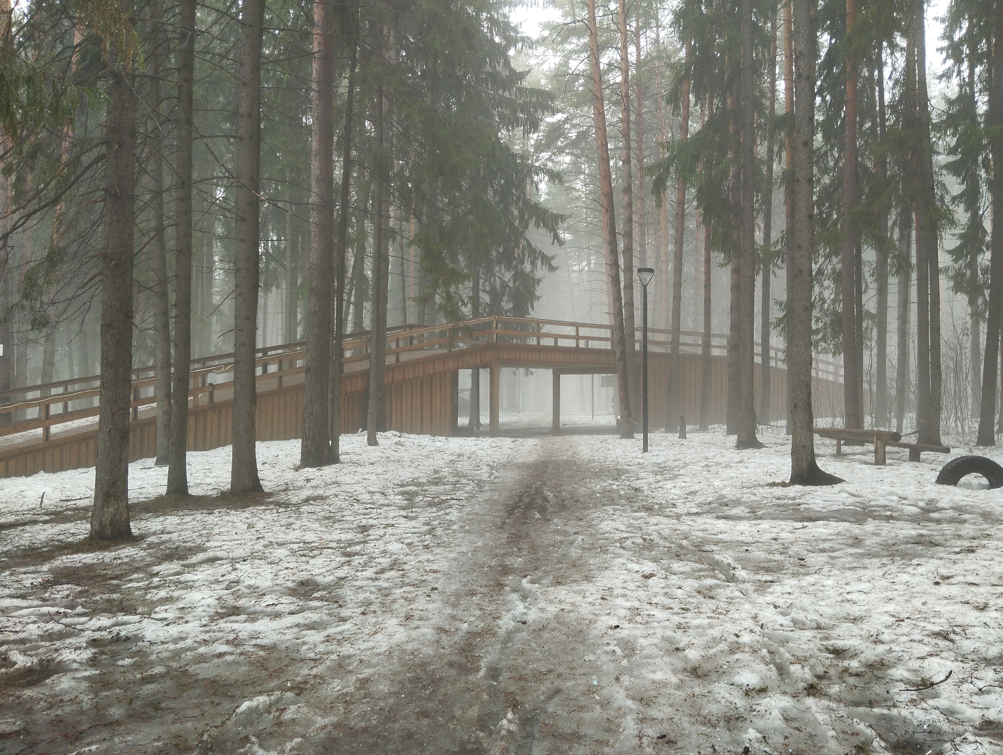 The image depicts a park in Votkinsk, Russia, during a season with melting snow. A wooden elevated walkway with railings spans across a section of the park, supported by wooden posts. The ground is covered with a mix of snow and bare ground, indicating thawing conditions. Tall, slender trees are densely packed, creating a forest-like atmosphere. A path worn clear of snow leads directly under the walkway. A lamppost is visible near the path. A bench and a tire lie in the snow to the right of the path. Fog or mist permeates the air, obscuring distant features. There are no people visible in the scene.