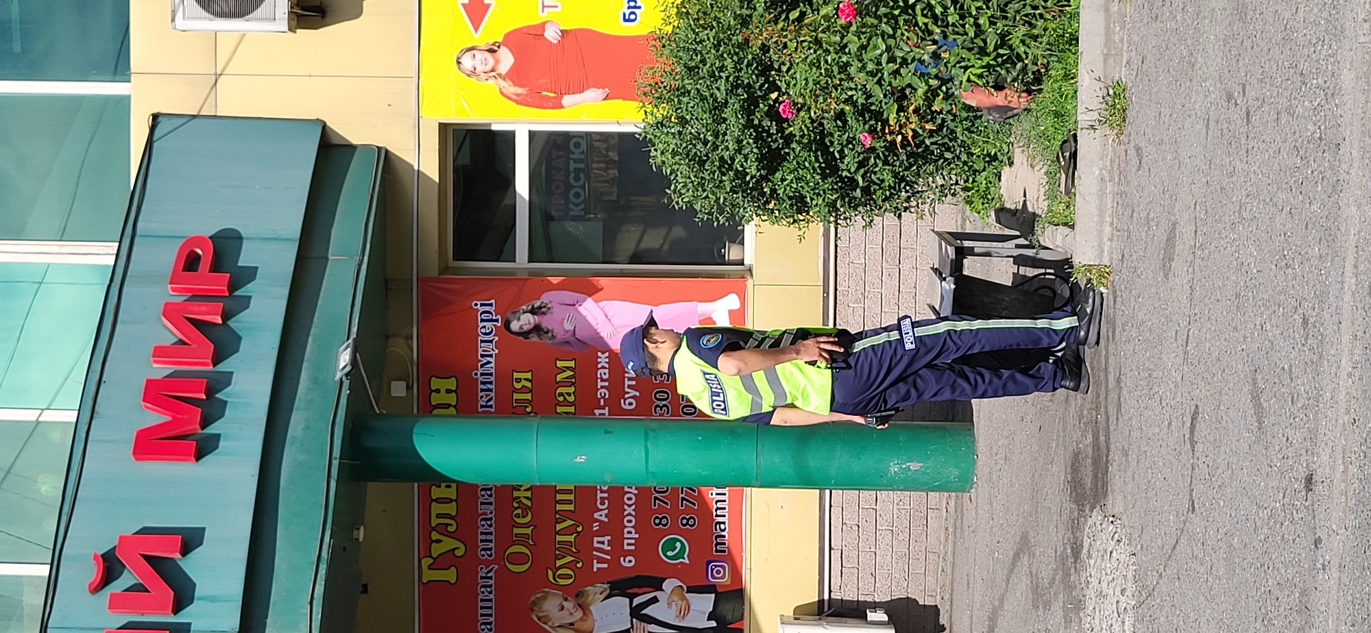 A man wearing a blue cap, a high-visibility yellow vest with "POLISIA" text, and dark blue pants with a green stripe is standing on a sidewalk. He is facing away from the camera, looking towards a lush green bush with pink flowers. The man is holding a black object, possibly a phone or a weapon, in his right hand, near his waist. The vest has reflective stripes. The pants also have "POLISIA" text on the lower leg.
Behind the man, a green pillar supports a building facade with prominent red lettering that reads "МИР" (Mir, meaning "peace" or "world" in Russian). The building also features a green awning. To the right of the pillar are several large advertisements. One features two pregnant women, and another shows a woman in a red dress. There's text in a foreign language on these advertisements, and one clearly shows a phone number and social media icons. Further to the right, a window with "ПРОКАТ КОСТЮ" visible on a sign suggests costume rental. A beige air conditioning unit is mounted on the yellow wall of the building to the far right.
The ground in front of the building is paved with asphalt, with some visible cracks and a circular metal cover. There is a small, dark-colored bench or stool next to the man. The environment suggests an urban setting. The presence of the "POLISIA" uniform indicates law enforcement activity or presence. The advertisements suggest a commercial area, likely a shopping or service establishment. The overall lighting suggests it is daytime.