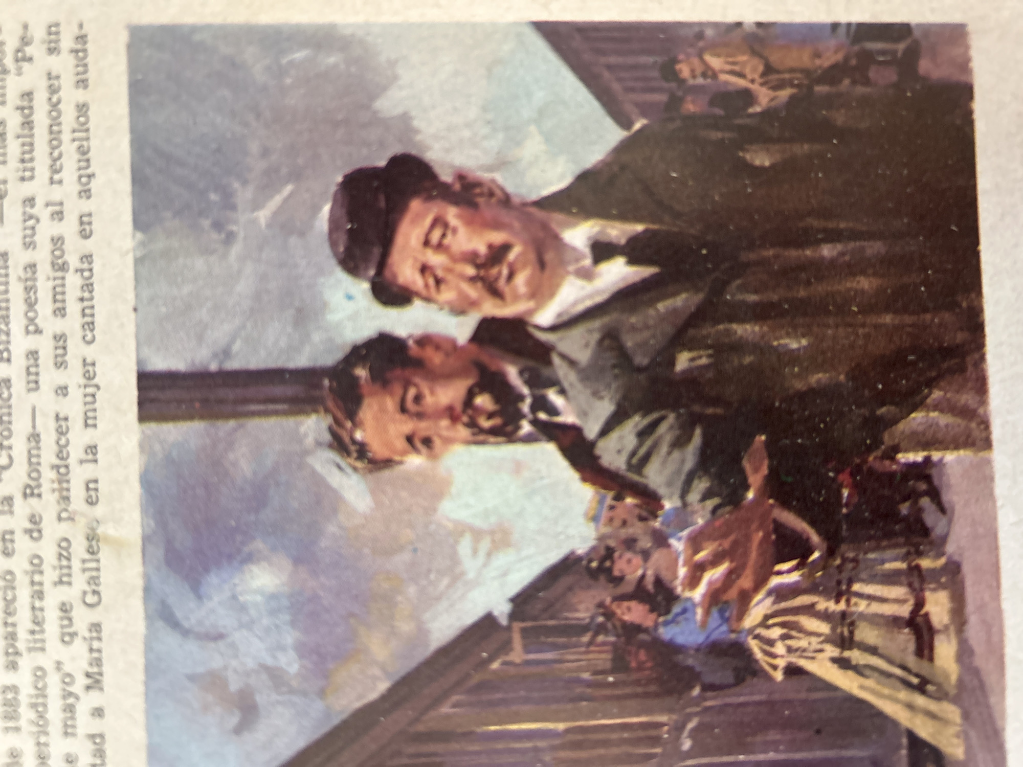 The image is a painting depicting a street scene with several people. In the foreground, two men are prominent. The man on the right, wearing a dark hat and suit, is looking to his left with a pensive expression. The man behind him, with a beard and a bow tie, is looking forward. In the background, several women in period clothing are visible, suggesting a historical setting. The architecture of the buildings flanking the street is implied but not detailed. There is no information within the image or the provided text that indicates the location is Santa Ana, Venezuela. The text fragment present at the top of the image appears to be in Spanish and refers to a literary publication from Rome in 1883.