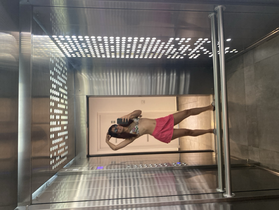 Inside an elevator, a woman in a floral bikini top and pink skirt takes a selfie with her phone. She wears sunglasses and strikes a pose, placing one hand on her head. The elevator features a mirrored wall with round lights, stainless steel walls, and a grab bar. Outside the elevator is a doorway leading to a hallway. The image is rotated, positioning the elevator horizontally.