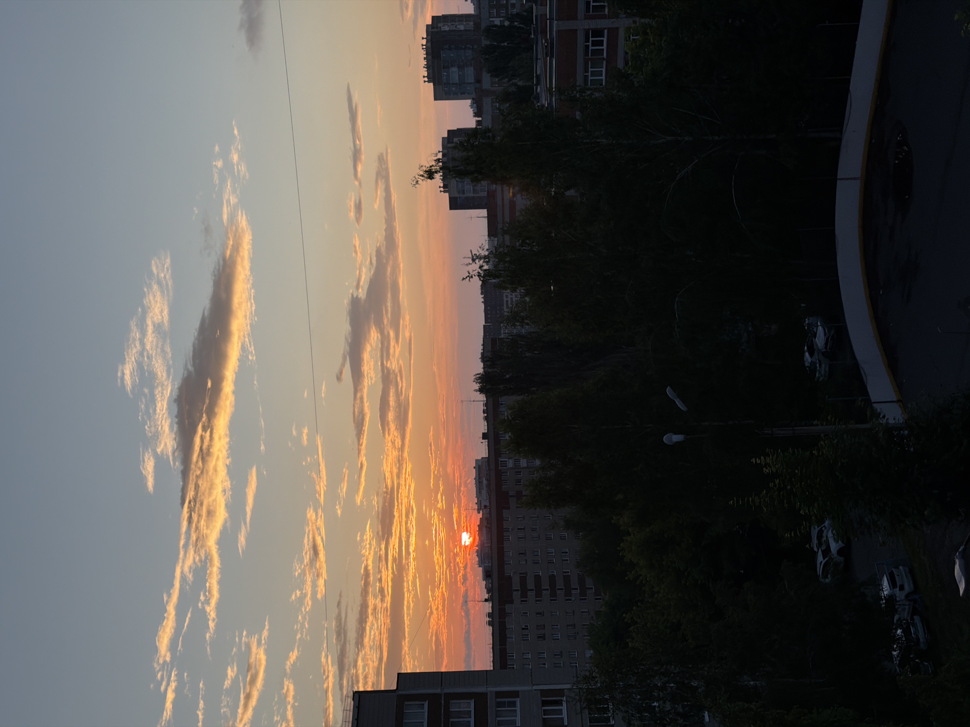 The image depicts a sunset over a residential area in Izhevsk, Russia. The sky is filled with a gradient of orange and blue hues, with scattered clouds illuminated by the setting sun. In the foreground, silhouetted trees obscure a parking area with several cars. Behind the trees, apartment buildings of varying heights and architectural styles are visible. The scene is devoid of human presence, contributing to a sense of stillness. The overall impression is a typical urban evening, characterized by the interplay of natural light and man-made structures.