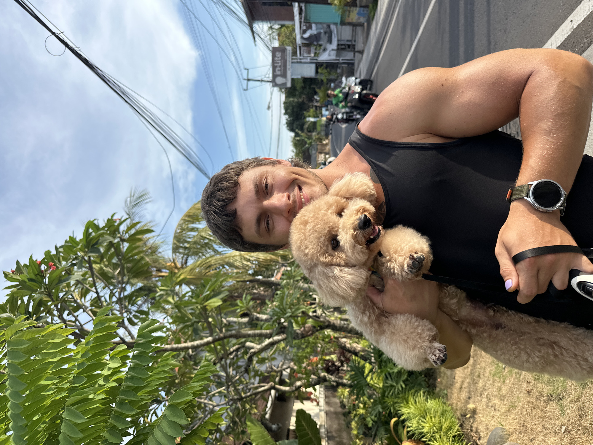 A man is holding a light-brown poodle. The man is wearing a black tank top, and a wristwatch. The location is the city of North Kuta, Indonesia. There is a street in the background with scooters and buildings, and a sign that reads "in-lite". There are also trees and plants visible in the foreground.