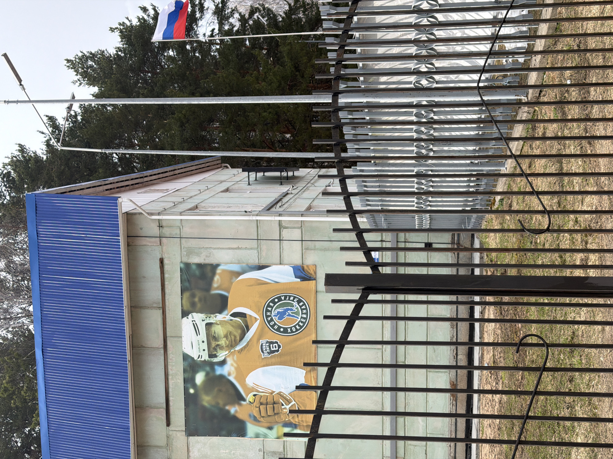 The image shows the exterior of a building with a poster of a hockey player in a brown uniform with the number 6. The poster displays a logo with the words "Ночная Хоккейная Лига" (Night Hockey League) in Cyrillic. A blue corrugated roof overhangs the building. A Russian flag is visible on a pole above the building, partially obscured by trees. In the foreground is a metal fence. The scene appears to be located in Chaikovsky, Russia, based on the Cyrillic writing on the poster and the presence of the Russian flag.