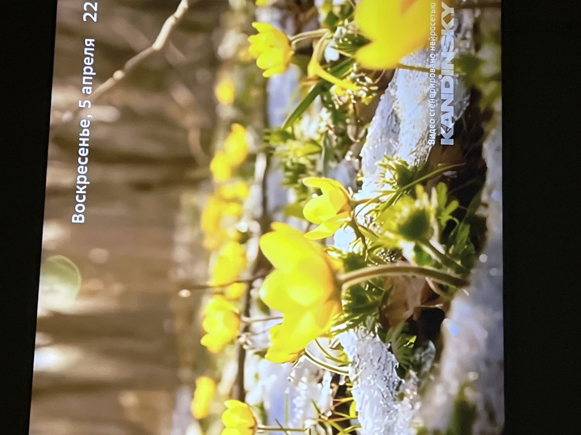 The image shows a close-up of yellow flowers, likely in a natural setting with blurred trees in the background. The text "Воскресенье, 5 апреля 22" (Sunday, April 5, 22) is visible, along with "Видео сгенерировано нейросетью KANDINSKY," indicating the image was generated by the Kandinsky neural network. While the location isn't explicitly provided, the inclusion of Cyrillic text suggests a region where the language is used, possibly Russia. The user prompt mentions the city of Chaikovsky, Russia, which could be a possible location.