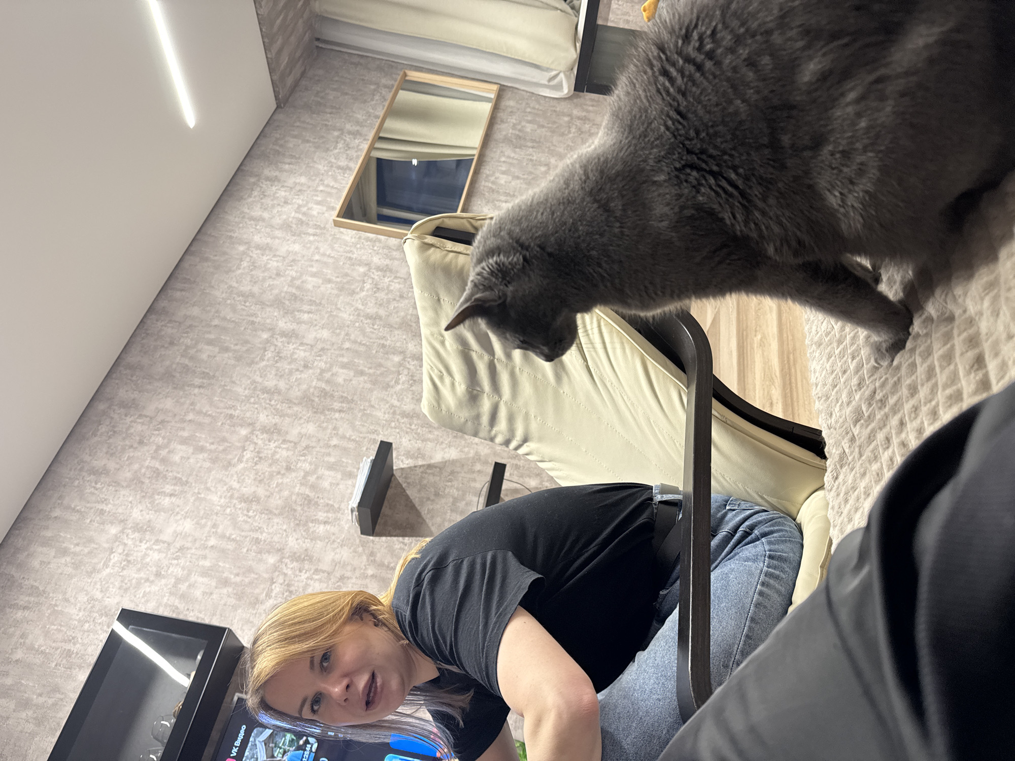 A woman with blonde hair, wearing a black t-shirt and blue jeans, looks at the camera. A gray cat is standing on a beige-colored chair. In the background, there's a gray wall, a mirror, and a black shelf under a television screen.