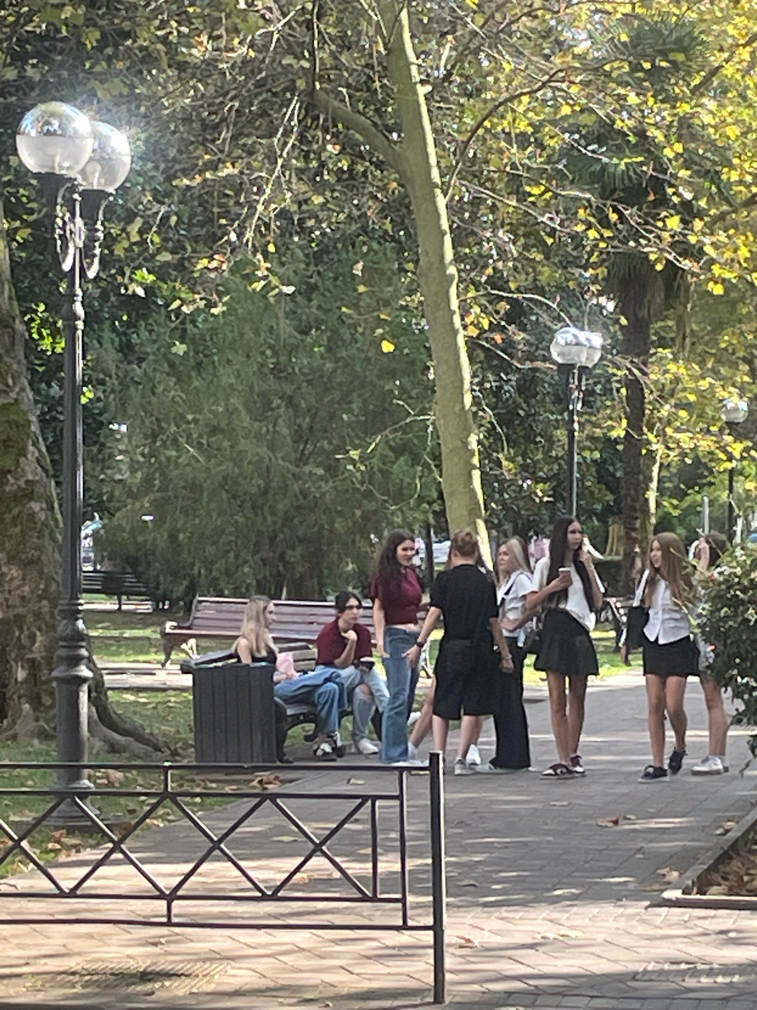 The image captures a group of young people, appearing to be students, gathered in a park-like setting, possibly within the city of Sochi, Russia, given the presence of palm trees and lush foliage. The scene is bathed in dappled sunlight, suggesting it is daytime, likely late morning or afternoon.
In the foreground, a black metal fence with a diamond pattern encloses a paved walkway. Beyond the fence, several park benches are visible, with some occupied by individuals. To the left, a lamppost with a decorative base and two spherical globes adorns the park.
In the middle ground, a cluster of students is engaged in conversation and socializing. One individual, a female with long dark hair, is holding a white cup and wearing a white shirt and black skirt. Beside her, another female with long blonde hair is also in a white shirt and black skirt, facing away from the camera. A male figure in black shorts and a black top stands facing them. Further to the left, a female with blonde hair is seated on a bench, wearing a black top and blue jeans, and another individual in a red top and blue jeans is seated next to her.
In the background, more park benches and trees are visible, with dense green foliage and some trees displaying yellowing leaves, indicating it might be autumn. A second lamppost, similar in design to the one in the foreground, is also present. The ground is covered with fallen leaves in some areas, further supporting the autumnal setting. The overall atmosphere is casual and relaxed, with the students appearing to be enjoying their time outdoors.