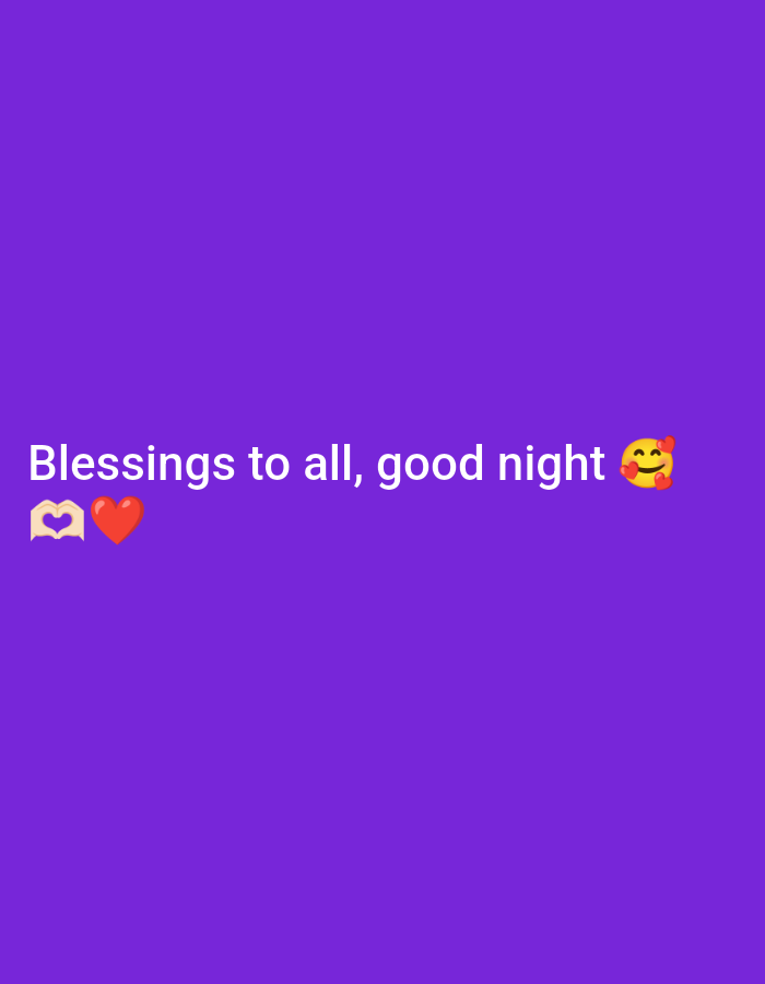 The image is a digital graphic on a solid purple background. The text "Blessings to all, good night" is centrally positioned. There are two emojis accompanying the text: a smiling face with hearts and a hands-forming-a-heart emoji alongside a red heart emoji. There is no indication of a location or the city of Juan Griego, Venezuela in the image.