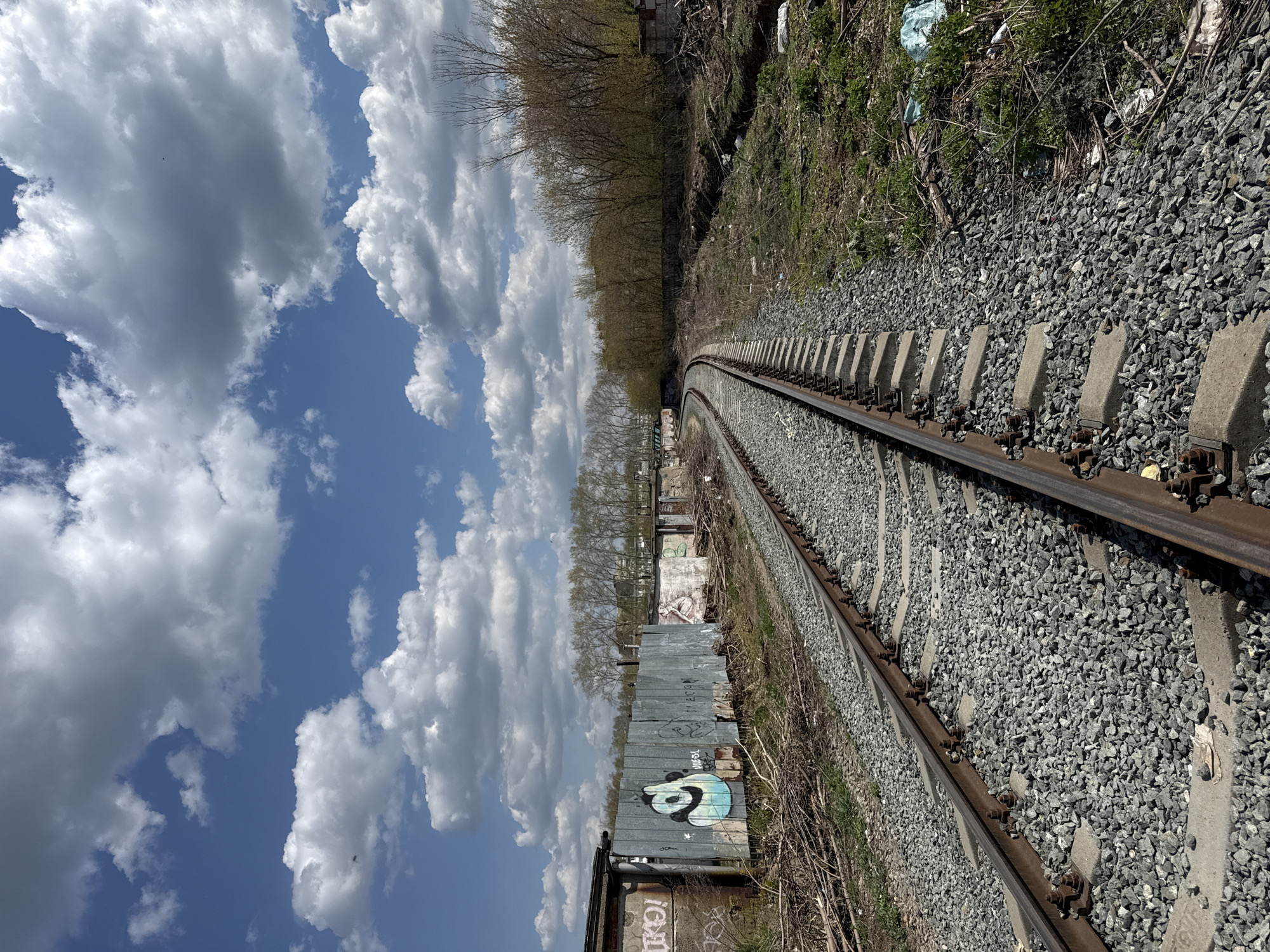 The image shows a railway track curving into the distance. The track is laid on a bed of gray gravel and has concrete sleepers. To the left of the track is a dilapidated fence with graffiti. Beyond the fence is a line of trees. The sky is blue with puffy white clouds. The vegetation to the right of the track is overgrown. The location is possibly Chaikovsky, Russia. No people are visible. There are no discernible interactions.