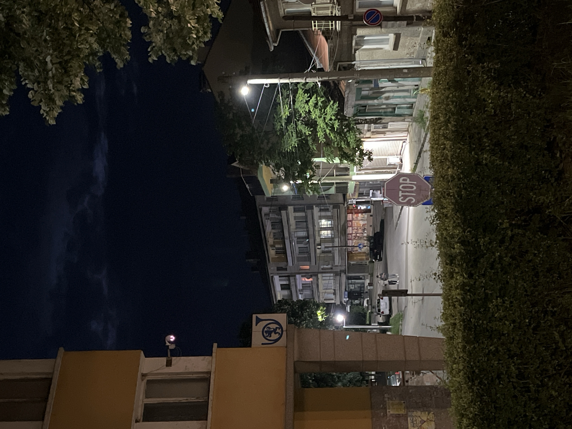 The image depicts a nighttime street scene in Veliki Preslav, Bulgaria, specifically at the intersection of ulitsa "Boris I" and ulitsa "Tsar Simeon Veliki," looking northeast from a slightly elevated vantage point.
The foreground is occupied by a dense, dark green hedge. To the left, a multi-story building, painted yellow with white trim, is partially visible. A security camera with a distinct red glowing LED is mounted on its facade. Below, affixed to a supporting pillar of this yellow building, is the blue logo of Bulgarian Post, featuring a postal horn with a lion's head. Multiple posters are visible on the lower section of the pillar, one of which contains the Cyrillic word "ТЕАТЪР" (Theatre).
The asphalt street is illuminated by several modern streetlights. Two individuals are walking on the sidewalk on the left side of the street, near a parked white sedan. A dark-colored vehicle is parked further down the street on the right. A prominent purple-red octagonal "STOP" sign stands on the right side of the street, partially obscured by the foreground hedge. Further along the street on the right, a blue circular sign with a red diagonal line (indicating no stopping or parking) is mounted on a building.
Across the street, a multi-story apartment building with numerous windows, some showing interior lights, is visible. To its right, a row of older, predominantly two-story buildings line the street. These include structures with closed shop fronts on the ground floor and one building with a distinctive light green facade. Trees with dense green foliage are distributed throughout the scene, particularly along the street and in the upper right, where a large tree branch with light-colored leaves extends into the frame. The nighttime sky is dark with visible cloud formations.