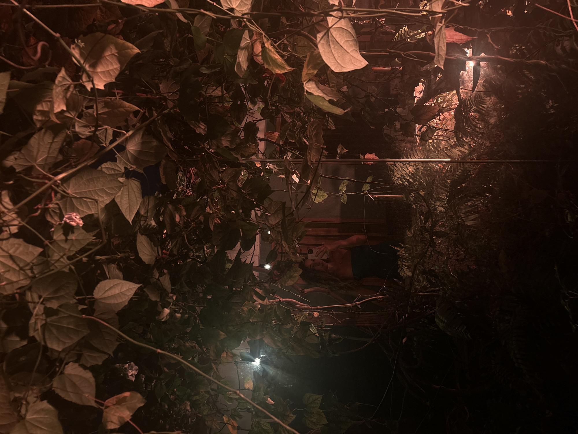 The image captures a woman taking a selfie in a dimly lit, tropical environment. She is reflected in a mirror, wearing a dark, strapless top and a necklace. Her long, wavy hair cascades down her shoulders. The foreground and background are filled with lush, green foliage, with some leaves illuminated by warm, artificial lights, creating a reddish-orange glow. The scene appears to be outdoors, possibly in a garden or courtyard, with hints of structures and lighting visible in the background. The overall atmosphere is intimate and nocturnal.