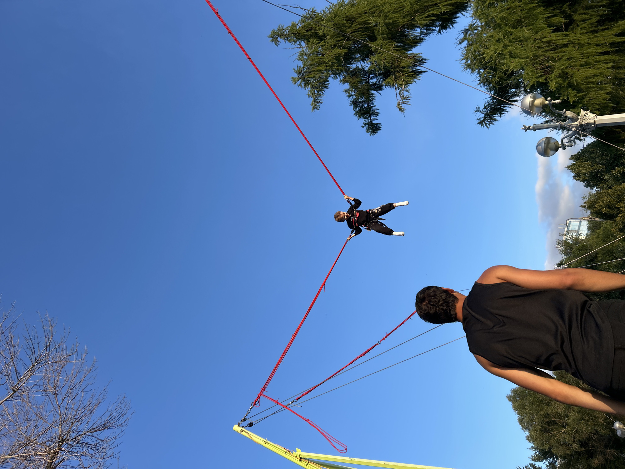 This image captures a thrilling activity, likely a bungee trampoline or a similar attraction, on a clear, sunny day. The primary subjects are two young individuals. One person is suspended in mid-air, wearing a black outfit with white accents on their shoes and a harness. They appear to be in the middle of a jump, arms and legs splayed, suggesting an experience of being propelled upwards. Below them, another individual, seen from the back and wearing a black tank top, is looking up, possibly waiting for their turn or observing the action.
The scene is set against a bright blue sky, with the tips of green evergreen trees and the bare branches of a deciduous tree visible in the upper and lower left portions of the frame, respectively. A lamp post with two globe-shaped lights and decorative elements is also present in the upper right, hinting at an amusement park or recreational area. A yellow metal structure, part of the jumping apparatus, is visible in the lower part of the image. The overall impression is one of outdoor recreation and excitement, likely during daylight hours given the clear sky and sunlight. There is no visible text in the image. The location context of Novokuybyshevsk, Russia, suggests this is a scene from a local attraction in that city.