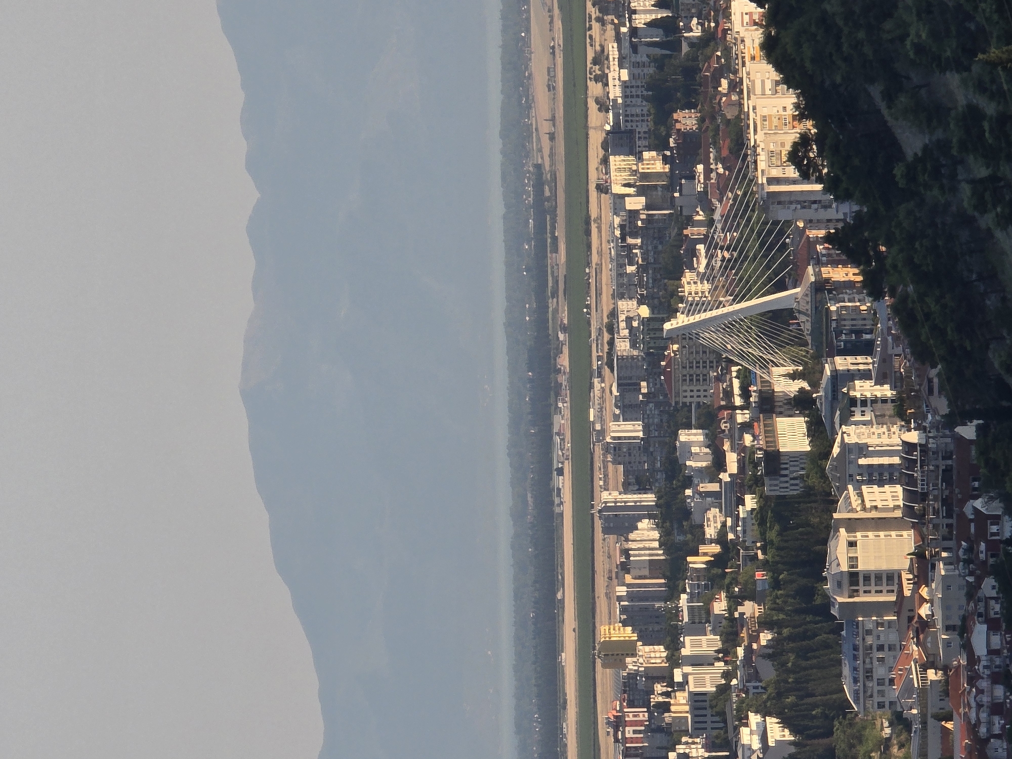 The image displays an elevated view of a city with mountains in the background. In the foreground, there are dense residential areas with numerous buildings of varying heights and architectural styles. Some buildings are modern, characterized by concrete and glass facades, while others appear older with red-tiled roofs. Trees are interspersed throughout the urban landscape, particularly on the slopes.
A prominent feature in the mid-ground is a modern suspension bridge with a distinctive white pylon and a series of cables supporting the roadway. Surrounding the bridge are more buildings, including high-rise apartment complexes and commercial structures.
Further in the background, beyond the city's immediate expanse, lie agricultural fields and what appears to be a sparsely populated area with scattered buildings. The landscape then transitions into a range of rolling mountains, which are softened by a hazy atmosphere, obscuring finer details. The sky is clear and a pale, washed-out blue, suggesting it is either early morning or late afternoon. The overall lighting indicates a sunny day, with shadows cast on some of the buildings.