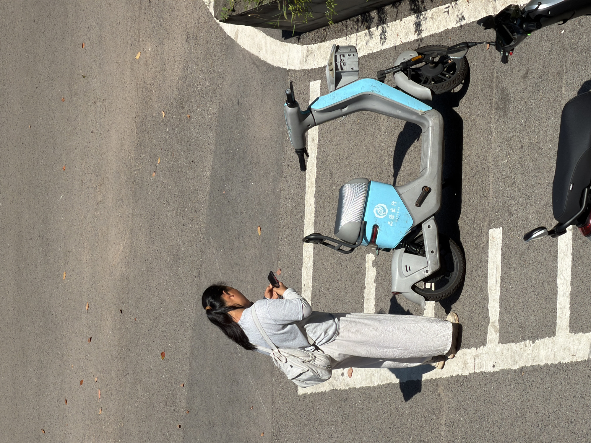 In an outdoor urban setting, likely a street or parking area in Jiangjin, China, a woman stands next to a light blue and gray electric scooter. She is wearing a light gray long-sleeved shirt and loose-fitting light gray pants, with a light gray backpack slung over her left shoulder. Her dark hair is pulled back into a ponytail. The woman is looking down at her mobile phone, which she is holding in her right hand, and her fingers appear to be interacting with the screen.
The electric scooter is parked on asphalt marked with white lines. The scooter has a gray body with light blue accents on the front and seat cover. It features a small storage basket on the front. The handlebars are gray with black grips. Another electric scooter, mostly out of frame, is visible in the lower right corner, with its handlebars and a mirror. Scattered fallen brown leaves are present on the asphalt surface. The scene is illuminated by sunlight, casting shadows on the ground. A concrete curb and some greenery are visible on the right side of the frame.