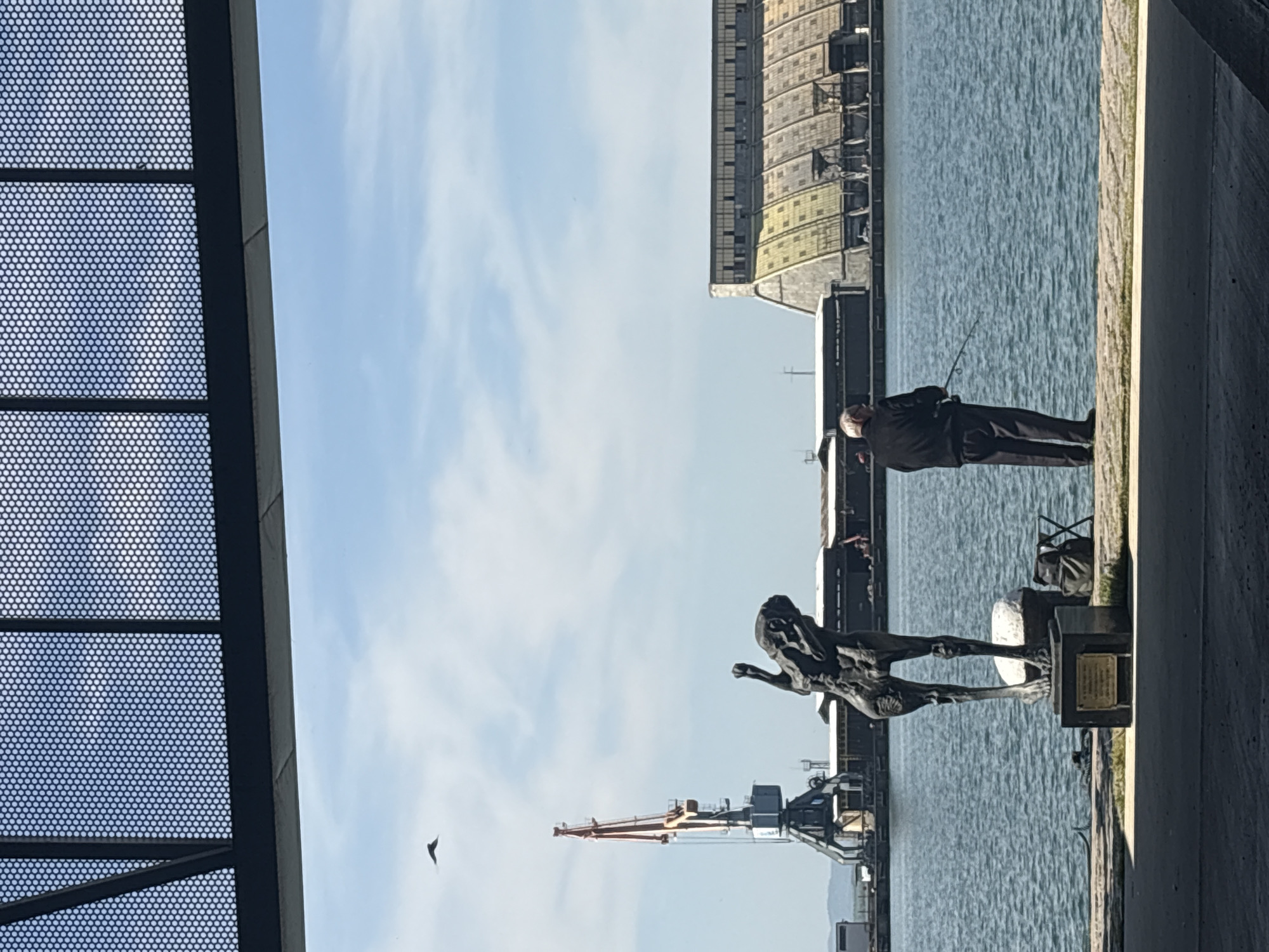 The image depicts a bright, sunny day at a harbor or port, identified as potentially being in Burgas, Bulgaria. A dark metal structure with a perforated pattern partially frames the left side of the scene, suggesting a railing or overhead covering.
On a concrete pier in the foreground, a striking bronze statue portrays a dynamic, human-like or mythical figure with outstretched arms, reaching upwards. The statue is mounted on a dark pedestal, which bears a small, gold-colored plaque, though its text is illegible. A black bag rests on the pier near the statue.
Further along the pier, a person dressed in a dark jacket and pants, wearing a face mask, is visible fishing. They hold a fishing rod extended over the calm, blue-green water.
In the mid-ground, across the water, large industrial buildings with a distinctive, curved or stepped design are visible, likely serving as warehouses or silos. A prominent red and grey crane stands closer to the water, indicative of port operations. The sky is clear blue with scattered white clouds, and a small bird is captured in flight in the upper left portion of the sky. The overall atmosphere is peaceful and calm.