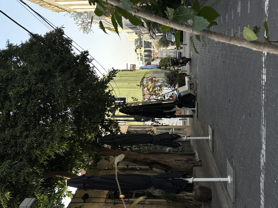 The image displays a narrow, paved urban street in Tel-Aviv, Israel, under a clear, pale blue sky. The street surface consists of dark grey rectangular cobblestones, with a single white horizontal painted line in the immediate foreground.
On the left side of the street, three furled black patio umbrellas are uniformly erected on white poles with square grey bases. Behind them, a large tree with a thick, textured trunk and dense green foliage dominates the left frame. A dark ceramic pot rests at the base of the leftmost umbrella.
Opposite, on the right, a two-story building presents a bright, light green upper facade. Its lower section features white-based street art with abstract shapes. In front of this building, a stack of approximately five white plastic chairs is positioned next to various potted plants.
Further down the street, a dark-colored scooter or motorcycle, equipped with a black rear storage box, is parked facing away from the viewer on the right side of the thoroughfare. The street gently descends, revealing additional parked vehicles in the distance, including a dark SUV-type car.
In the background, a cluster of modern, multi-story buildings with flat roofs and reflective windows is visible against the horizon. Two parallel dark electrical lines traverse the upper midground. A thin, light-brown tree branch with green leaves partially obstructs the lower right corner of the frame. No individuals are present in the scene.