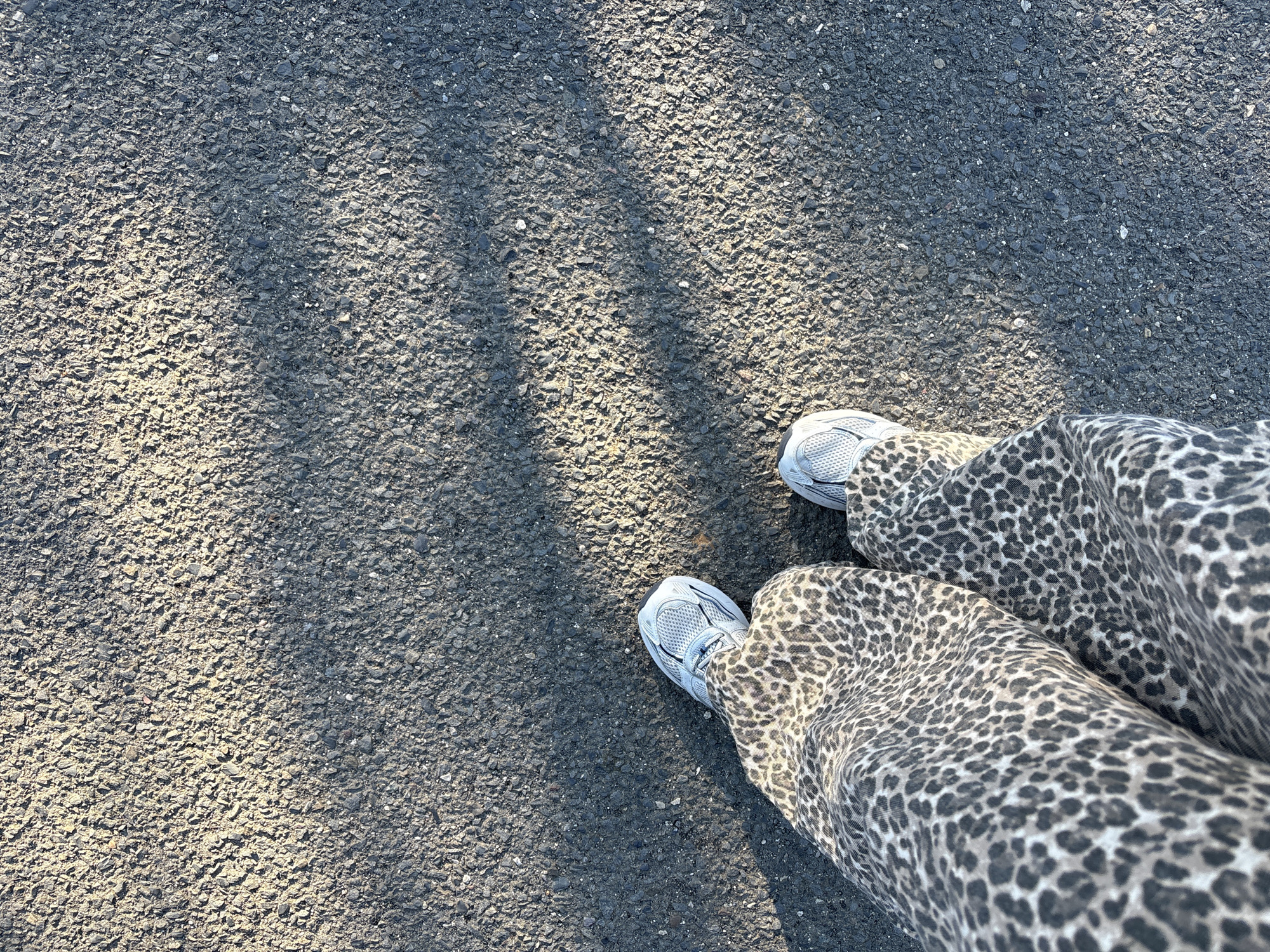 The image shows a section of asphalt pavement in Urbanización Encinares De Alcolea, Spain. A pair of legs clad in leopard-print trousers and white running shoes are visible on the right side of the frame. Sunlight casts shadows onto the asphalt. The surface of the asphalt is composed of small, dark-colored aggregate material.