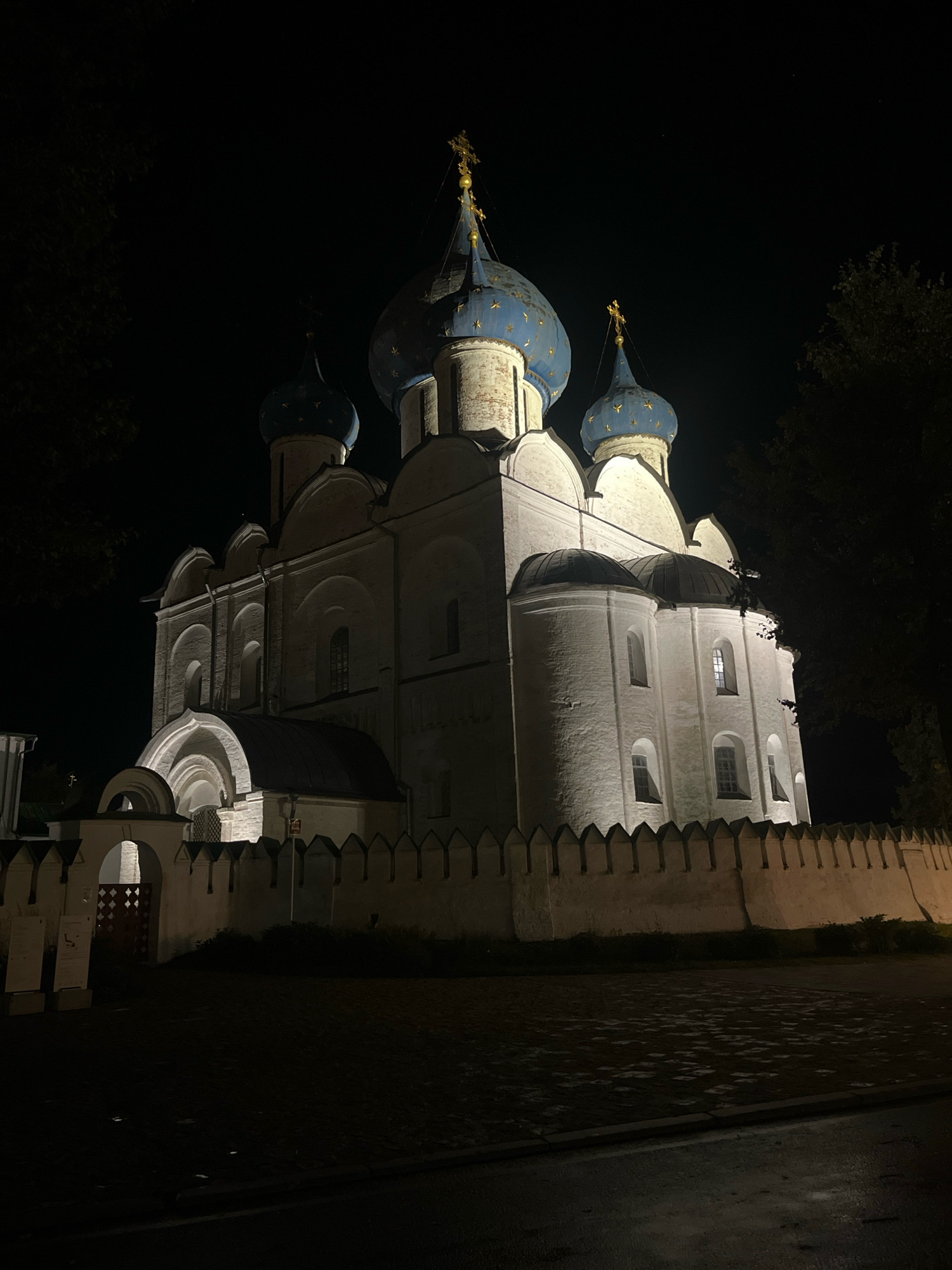 This is a nighttime, eye-level, medium shot of the Transfiguration Cathedral in Suzdal, Russia. The cathedral is a large, white brick building with multiple blue domes topped with golden crosses. The domes have gold stars on them. The building is illuminated by artificial lights, casting shadows. In the foreground, there is a low, crenelated white wall surrounding the cathedral, with an arched gateway visible to the left. The ground in front of the wall appears to be paved with cobblestones, some of which are wet and reflective. Trees are visible on the left and right edges of the frame, silhouetted against the dark night sky. There are no people visible in the image.
