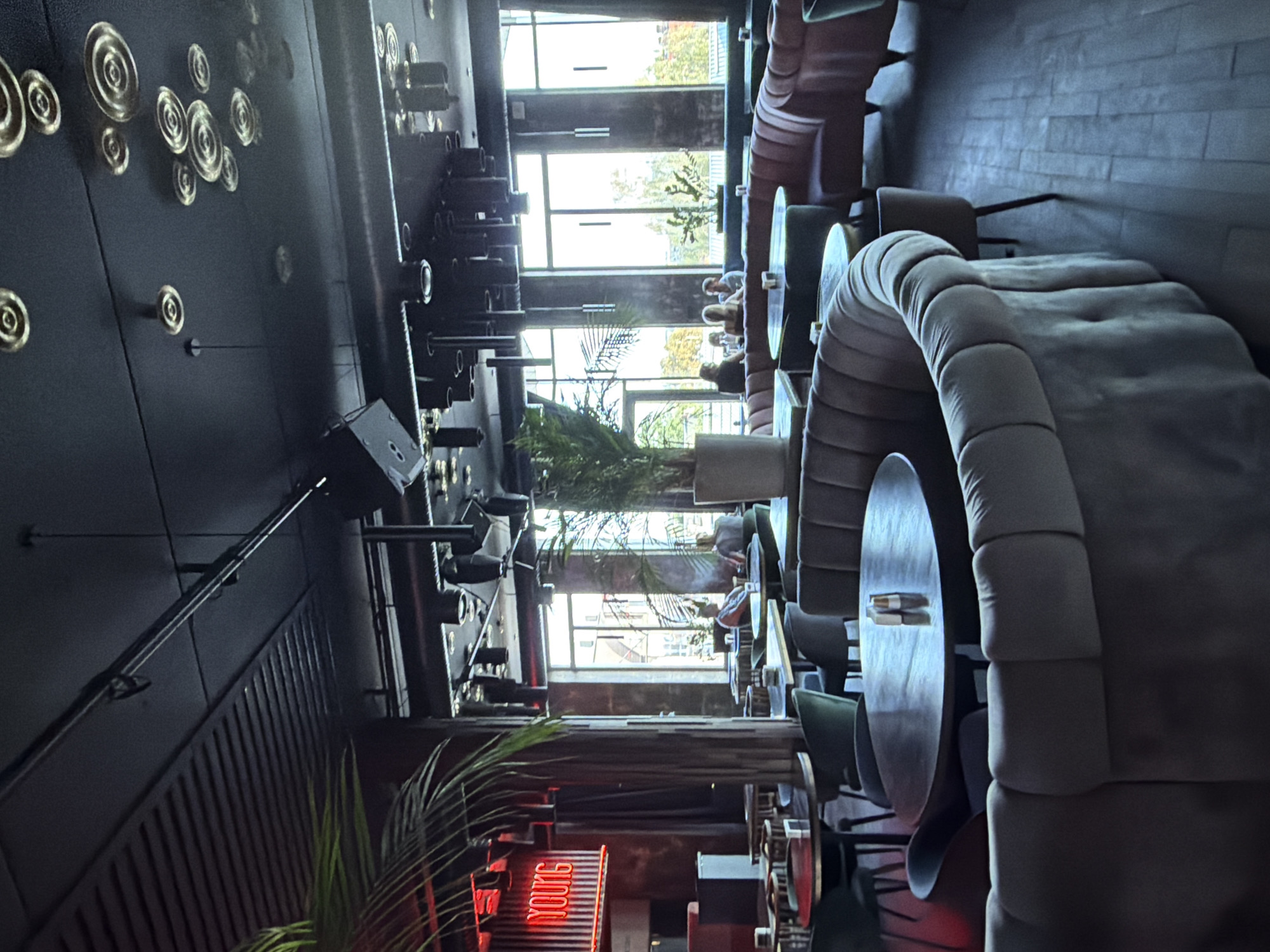 The image depicts the interior of a dimly lit, upscale restaurant or lounge. The scene is dominated by plush, curved banquette seating in muted colors like gray and pink, arranged around dark circular tables. Several patrons are visible, seated at tables and engaging in conversations. One group of three individuals sits in a booth by a large window that offers a view of an outdoor scene with trees and buildings. Another table is occupied by two individuals. A red neon sign spelling "YOUNG" is prominently displayed on the left side of the frame, contributing to the venue's modern ambiance. The ceiling is dark and features an industrial-style lighting system with visible speakers and decorative circular elements. A tall potted plant with large fronds is positioned to the left, adding a touch of greenery to the sophisticated setting. The floor appears to be made of dark wood planks. The overall atmosphere suggests a contemporary establishment designed for socializing and dining.