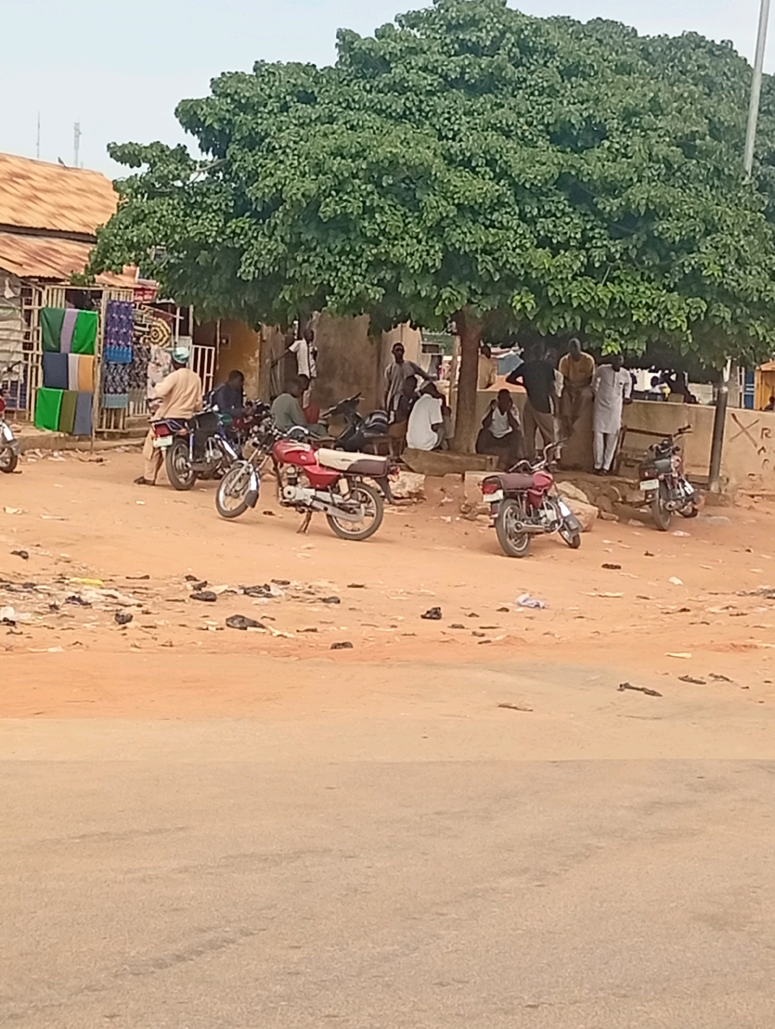 The image depicts a dusty outdoor market scene in Gombe, Nigeria, under a large, leafy tree. Several people are gathered in the shade of the tree, some sitting on a low wall and others standing. The ground is covered in reddish-brown dirt with scattered debris. Several motorcycles are parked in the area, including a red and silver one in the foreground. To the left, a stall displays colorful textiles, and behind it, a corrugated metal roof structure is visible. The overall impression is of a casual gathering in a busy, informal commercial area.