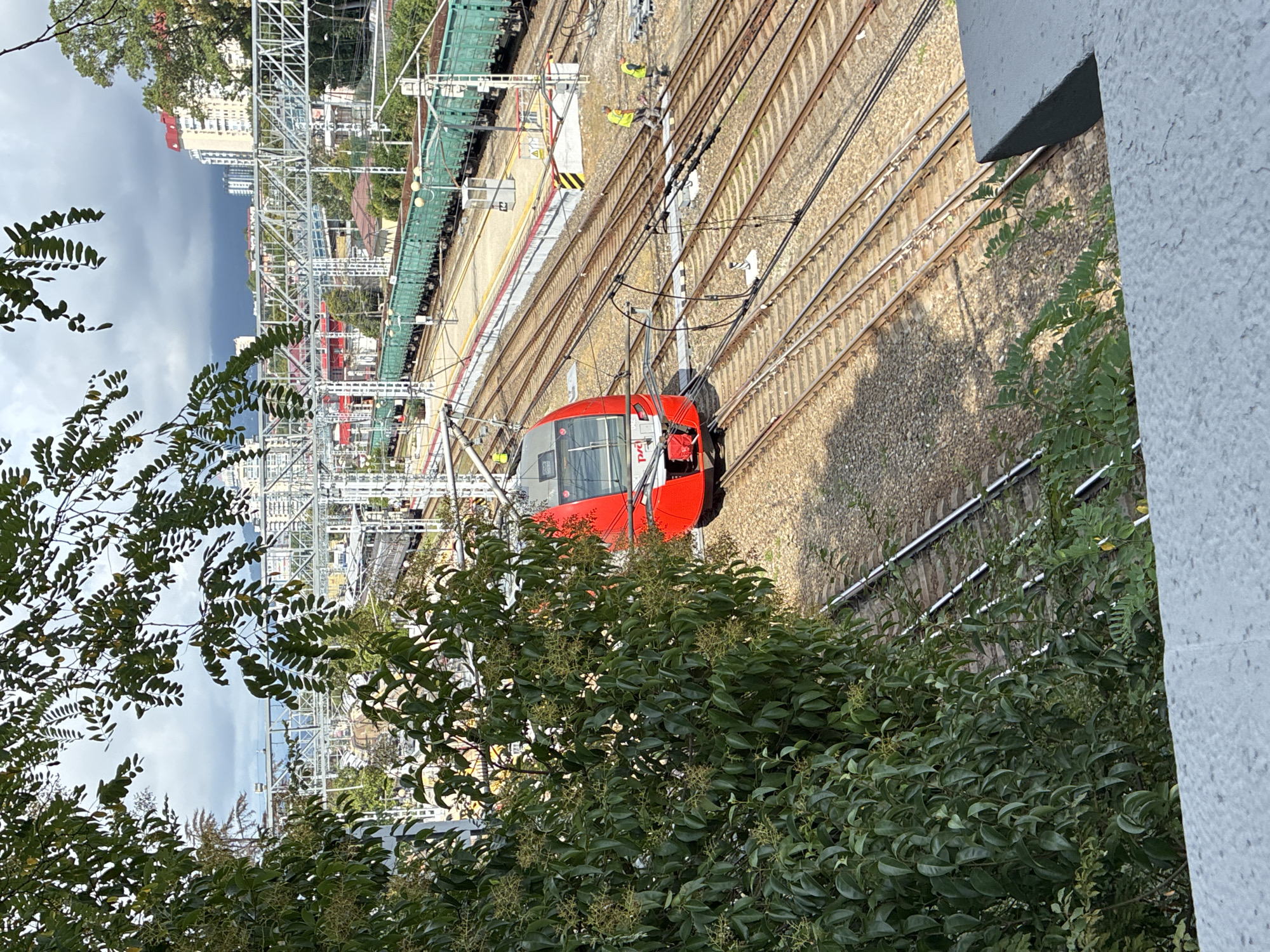 The image captures a scene at a railway station in Sochi, Russia. In the foreground, lush green foliage partially obscures the view, with a concrete barrier in the bottom right corner. Beyond the foliage, a bright red train with the "РЖД" (Russian Railways) logo is prominently positioned on the tracks. Several railway lines stretch into the distance, with overhead electrical catenary systems.
In the midground, a platform is visible, lined with yellow and red markings. To the right of the platform, a line of green freight cars is parked. Two individuals wearing yellow safety vests are working near the tracks, one appearing to be holding a tool. In the background, apartment buildings and other structures suggest an urban environment, with some distant mountains under a cloudy sky. The scene depicts a functional railway operation in a city setting, likely during daytime.