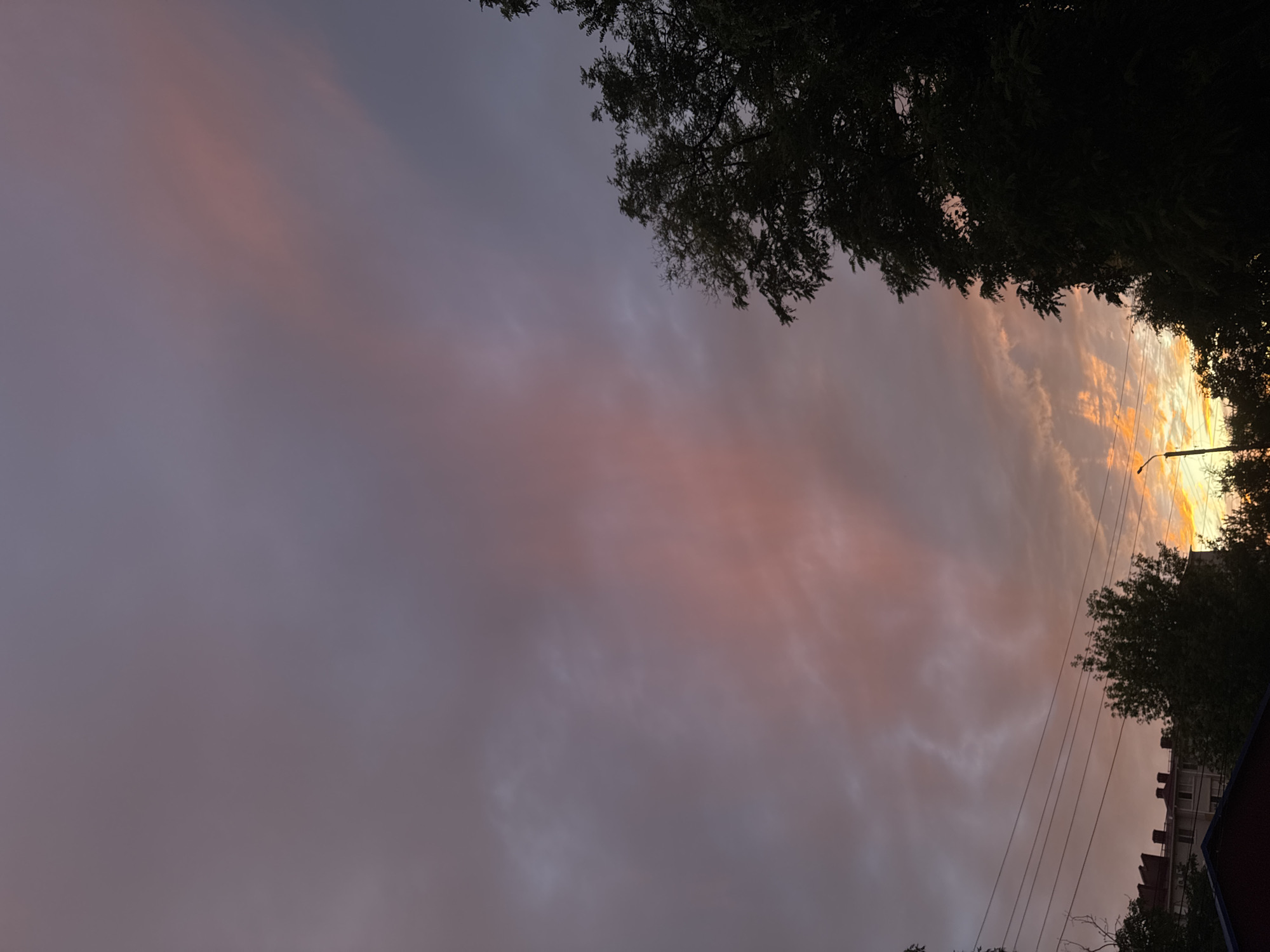 The media file shows a sky during sunset. The sky is filled with clouds that are illuminated by the setting sun, creating a gradient of colors from pink and orange to purple and grey. The warm hues of the sunset are concentrated on the right side of the image, while the left side is dominated by softer, muted tones.
Silhouetted against the bright sky are the tops of trees and buildings, along with a lamppost and power lines. The foliage of the trees is dark and dense, framing the sky on the top and right sides. The buildings appear to be multi-story structures with visible rooftops. The power lines run diagonally across the image, adding a linear element to the composition.
The overall mood evoked by the image is serene and peaceful, typical of a sunset. The natural beauty of the sky is contrasted with man-made elements like the buildings and power lines, suggesting an urban or suburban setting. The time of day is clearly sunset due to the intense coloration of the clouds and the low angle of the light. No people are visible in the frame, and there is no discernible text.