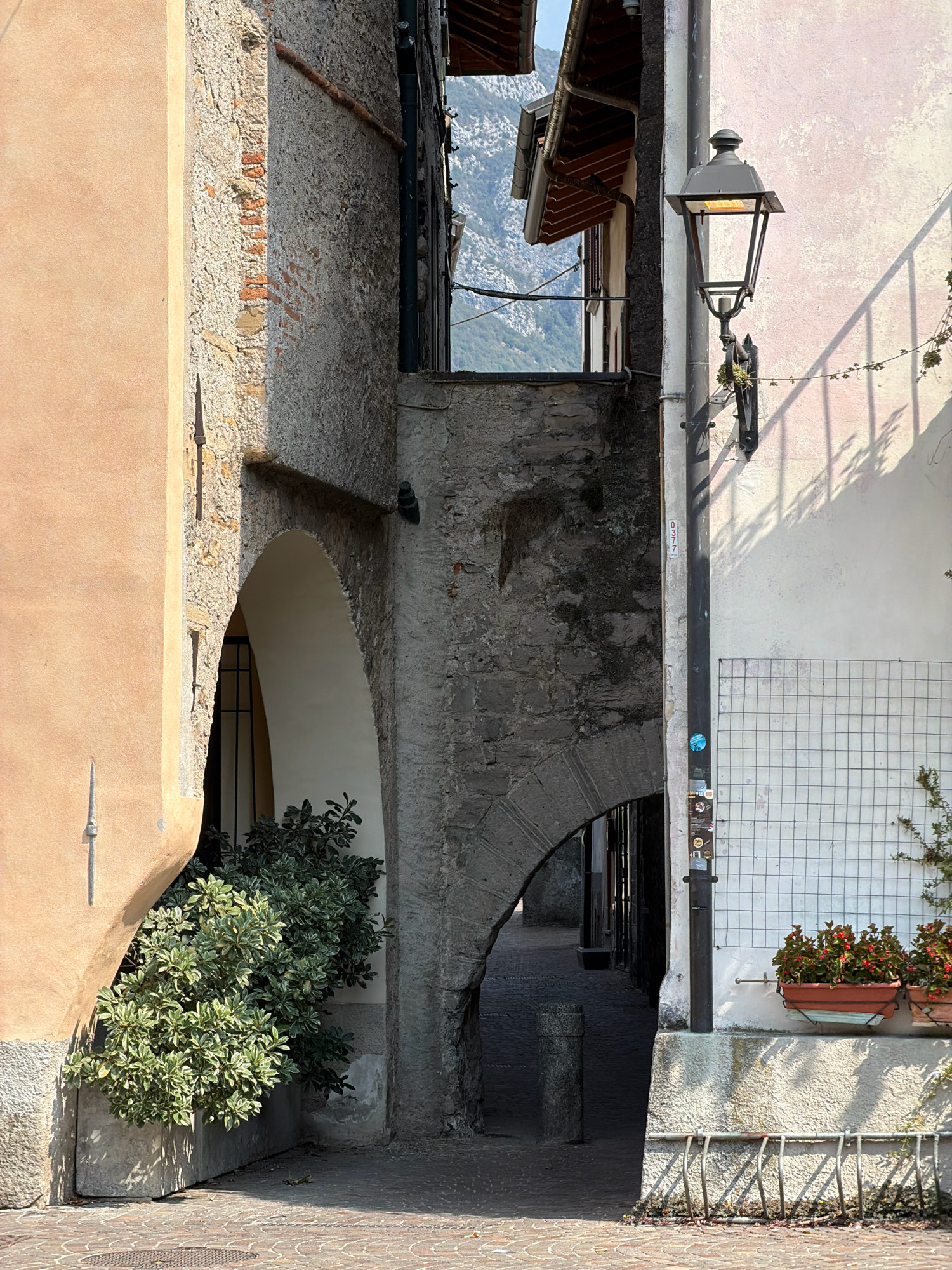 The image shows a narrow alleyway in the historic center of Mandello del Lario, Italy. On the left, a peach-colored wall with a rough texture is visible, with a section of aged stone wall featuring exposed brickwork. An arched opening leads into a shadowed interior. In front of this opening, a large, modern concrete planter overflows with lush green and variegated foliage. To the right, a textured, light pink building stands, adorned with a black, traditional lamppost mounted on a pole. This pole has a white sticker with red numerals "0377" and several small circular stickers. A white grid structure is attached to the building's facade, with two window boxes containing red-flowered plants mounted on a ledge above it. A metal bicycle rack is positioned at the base of the wall. The alley continues into the distance, narrowing and featuring more stone architecture. The ground is paved with cobblestones. In the background, through the archways, glimpses of distant mountains and a wooden-tiled roof are visible. The lighting suggests it is daytime, with strong sunlight casting shadows.