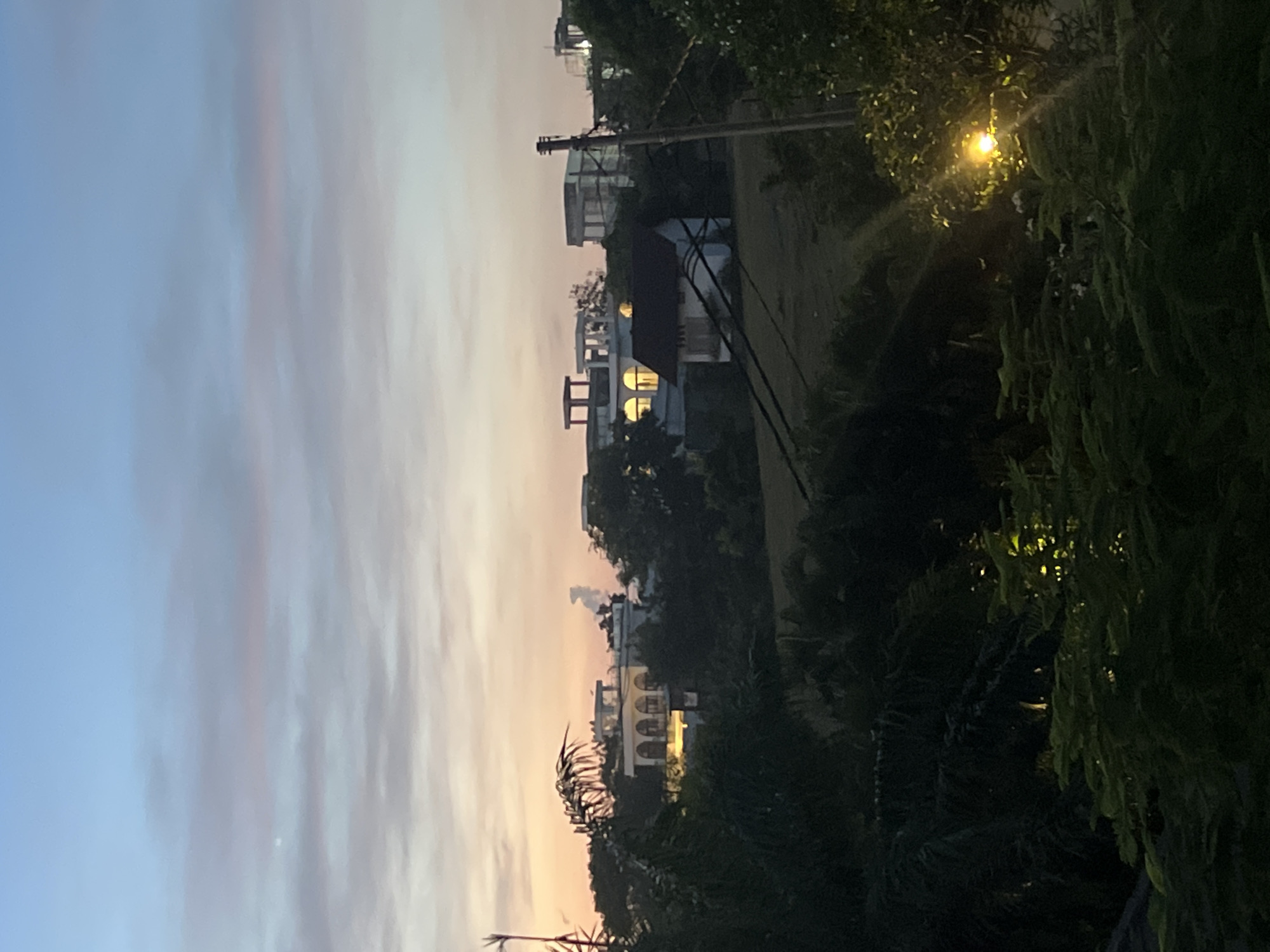 The image depicts a view of buildings and foliage against a sunset sky in an unidentified city. The sky transitions from blue to orange with streaky clouds. Several buildings with archways are visible amongst the trees, and electrical poles and wires run across the scene. A bright light source is seen shining within the foliage on the right side of the frame.