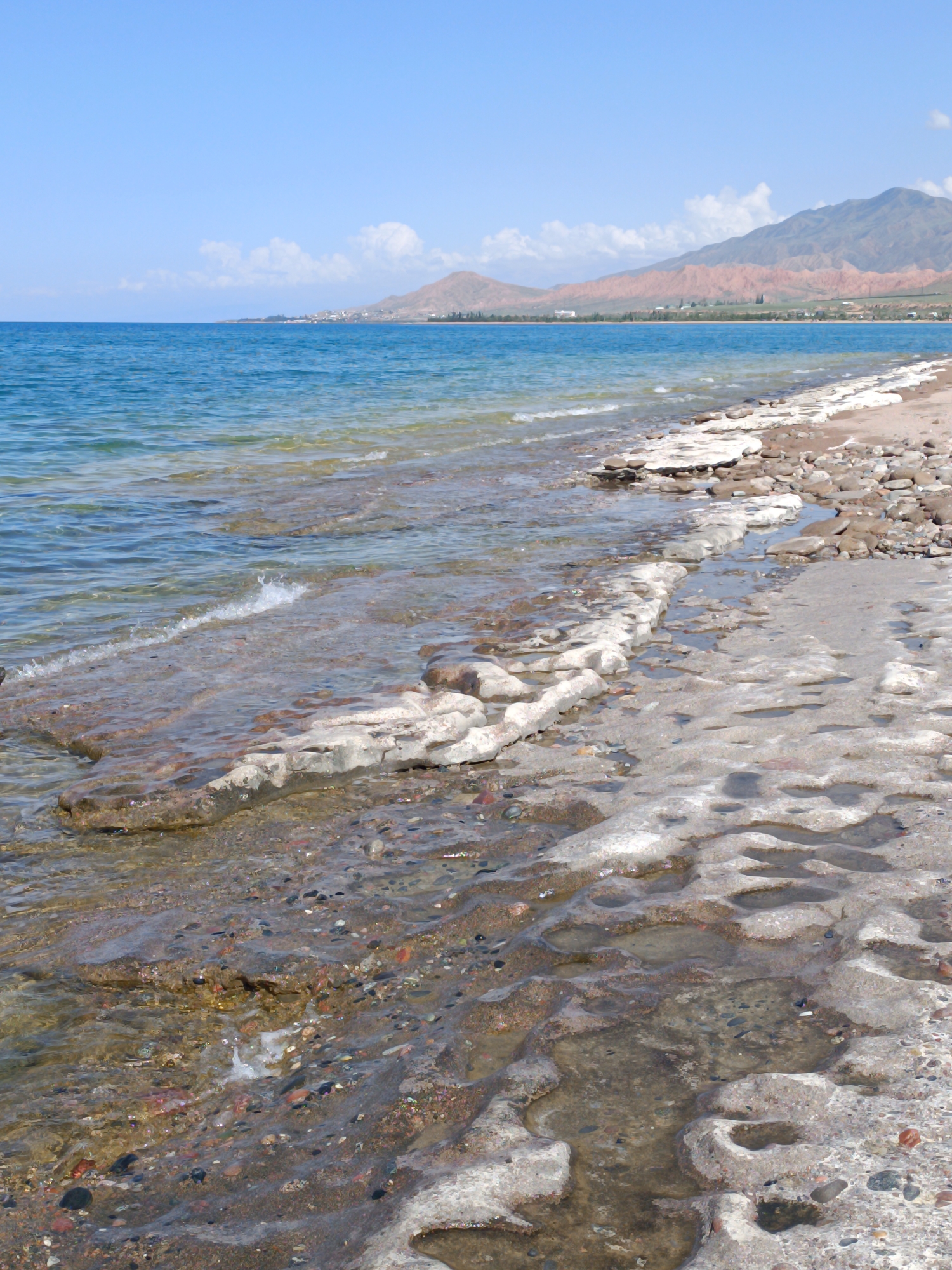The image depicts a rocky shoreline with a body of water in the foreground and mountains in the background. The water is a clear blue, with some ripples and waves lapping at the shore. The shore is made up of stones and pebbles of various sizes and colors. There are also some flat, light-colored rocks exposed by the receding water. In the distance, mountains with reddish-brown slopes rise against a clear blue sky with a few scattered clouds. The overall scene is natural and undeveloped. This landscape is characteristic of the area around Lake Issyk-Kul, near the city of Tong, Kyrgyzstan, which is known for its scenic beauty and mountainous terrain. No people or animals are visible in the image.
