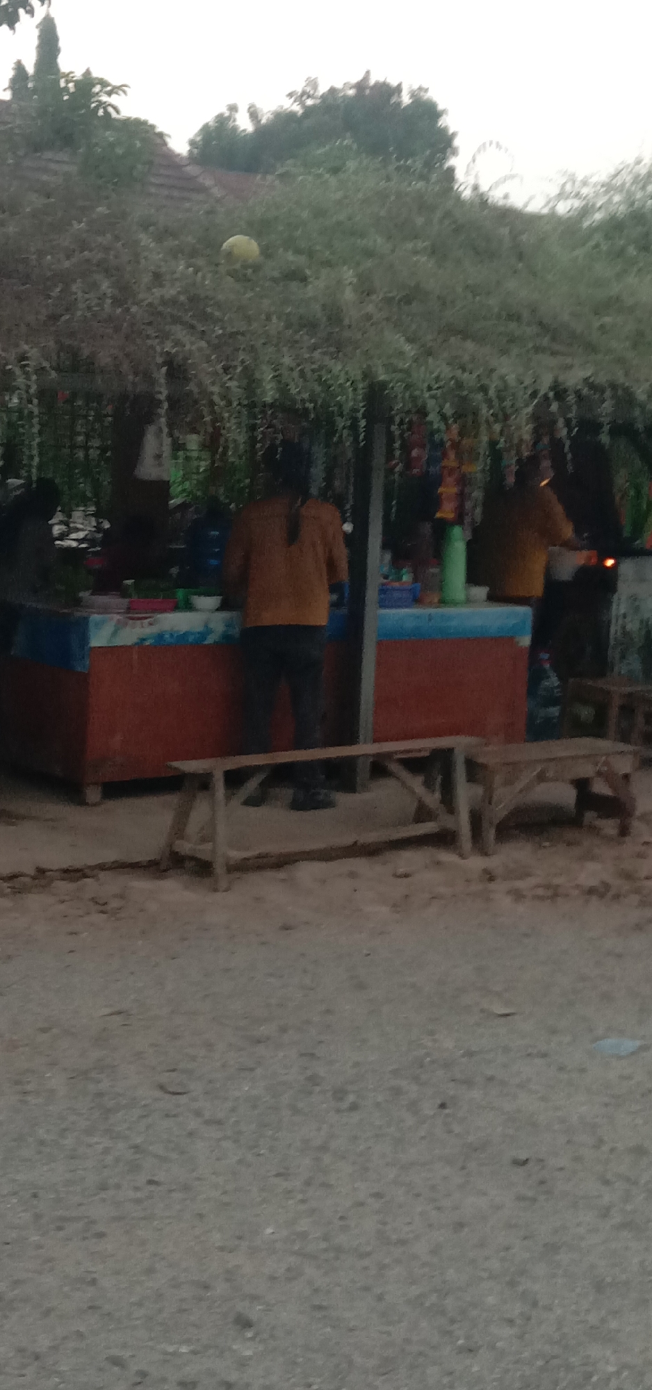 The image depicts an outdoor scene, possibly a roadside stall or a small eatery, with a thatched roof providing shade. Two individuals are visible, each wearing a mustard-yellow shirt. One person, in the foreground and slightly to the left of center, faces away from the camera, appearing to be engaged in an activity at a counter. This counter is decorated with a blue and red striped facade. Behind this person, a blue water dispenser is prominent. To the right, another person also faces away from the camera, standing behind the counter.
The foreground of the image shows a dirt or gravel ground with two simple wooden benches. The environment appears to be somewhat rustic, with greenery and trees visible in the background, suggesting a location outside of a dense urban area. The overall lighting indicates it could be late afternoon or early morning. The presence of a small object that might be a round fruit, possibly yellow, is noted in the greenery to the upper left of the stall. The scene is consistent with a casual, open-air establishment in a place like Subang, Indonesia, where such stalls are common.