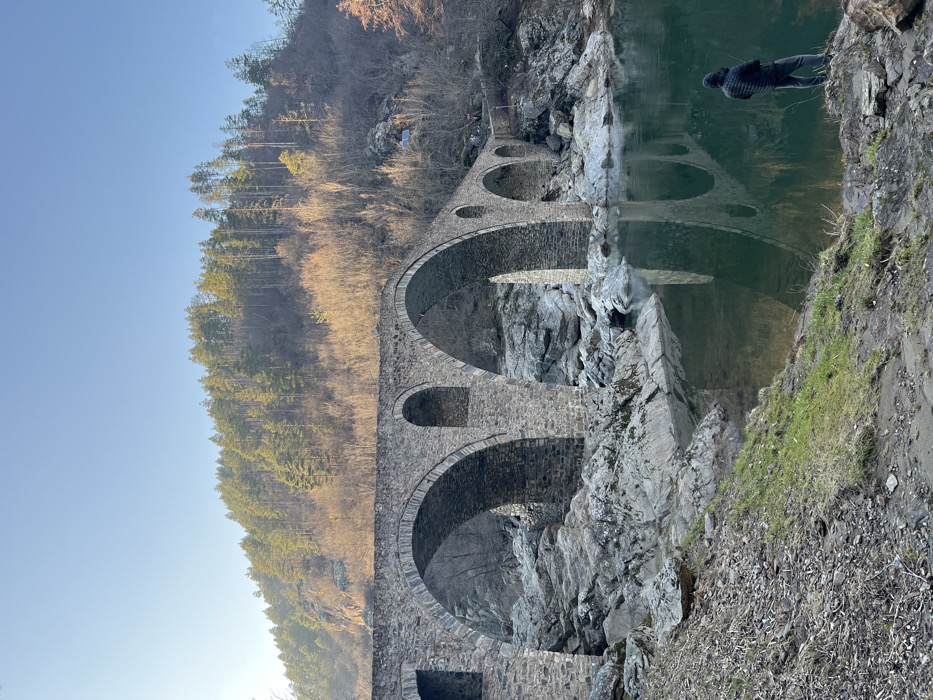 The image displays the Devil's Bridge, a multi-arched stone bridge, spanning a dark green river in Diadovtsi, Bulgaria. The bridge is constructed from grey stone blocks and features at least five visible arches, which are reflected clearly in the calm water. The riverbanks consist of prominent grey rock formations and areas of sparse, dry vegetation and green grass. In the immediate foreground, a dirt path with debris is present. Rising behind the bridge is a steep hill or mountain, densely covered with green coniferous trees on its upper sections and bare deciduous trees on its lower slopes, indicating a cold season. The sky above is clear and light blue. A single individual, dressed in a dark hooded jacket and dark pants, stands on the right riverbank, positioned with their back to the viewer, facing towards the bridge and the water. Sunlight illuminates the upper tree line and portions of the bridge.