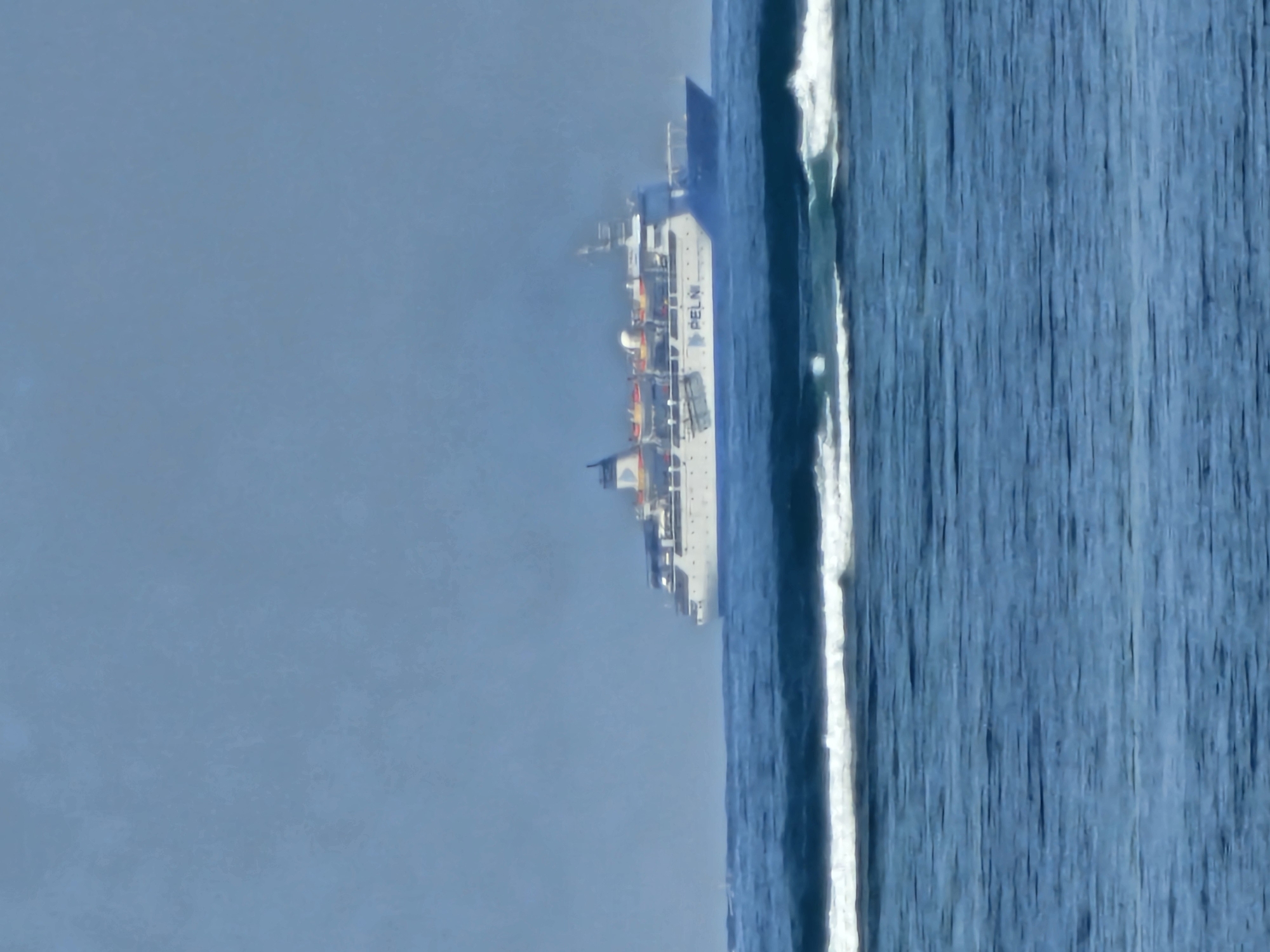 A large white ferry with "PELNI" written on its side is sailing on the ocean. The ferry has multiple decks and lifeboats visible on its exterior. The water is blue with white-capped waves. The sky above is a hazy blue. The scene appears to be a photograph taken from a distance, possibly from another boat or the shore. The ferry's location is offshore Denpasar, Bali, Indonesia, a common route for Pelni ferries.