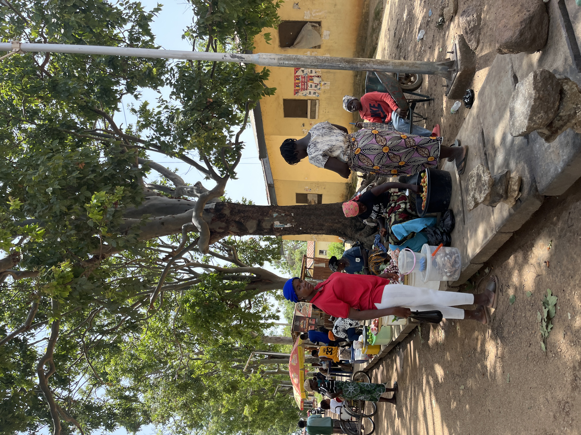 The image depicts an outdoor market scene in Rafin Par, Nigeria. Several individuals are present, engaged in various activities. In the foreground, a woman wearing a red shirt and white pants stands facing the camera, holding a black plastic bag. To her left, a woman in a patterned skirt and a white top with black designs stands. Further back, other people are visible, some seated or standing near stalls displaying goods. Several market stalls are set up under a large tree with lush green foliage. Various items, including buckets filled with produce, are arranged on the ground and on makeshift tables. The ground is unpaved and appears to be a dirt path. A yellow building with windows is visible in the background, and a metal pole stands to the right of the frame. The overall impression is a bustling marketplace on a sunny day.