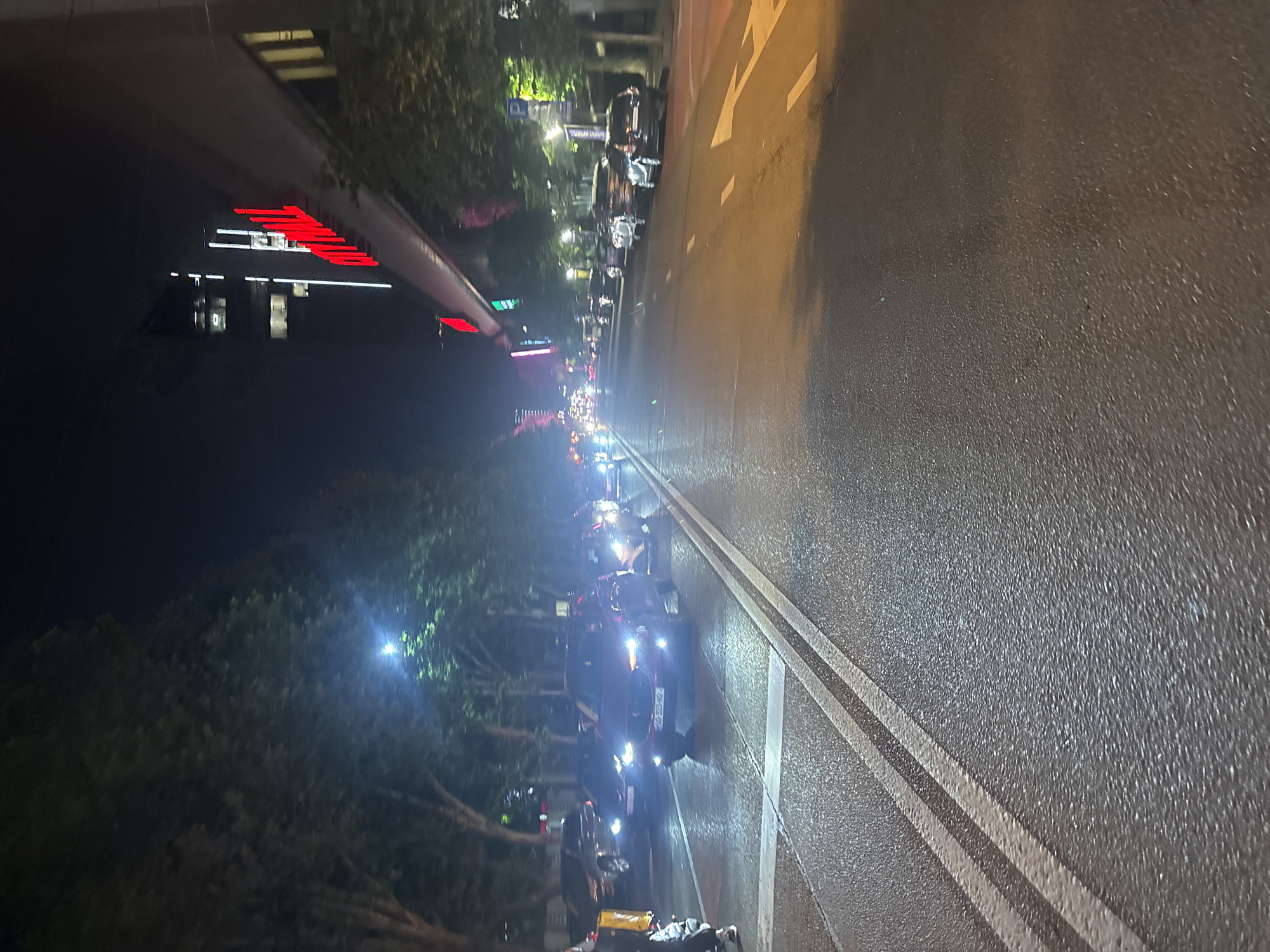 The image depicts a street scene at night in Tbilisi, Georgia, specifically on Rustaveli Avenue, in front of the City Hall building. The street is paved, with visible double white lines indicating traffic lanes and a pedestrian walkway on the left. Several vehicles are present, including cars and what appears to be a bus in the background, some with headlights illuminated. Trees line the left side of the street. The City Hall building is prominently featured on the right side of the image, with its distinctive red "CITY HALL" signage illuminated. The lighting suggests it is nighttime, with artificial lights from the building, streetlights, and vehicle headlights illuminating the scene. There are no discernible people in the immediate foreground or engaging in any specific actions, although a figure is partially visible on the far left. The overall atmosphere is urban and active, typical of a city street at night.