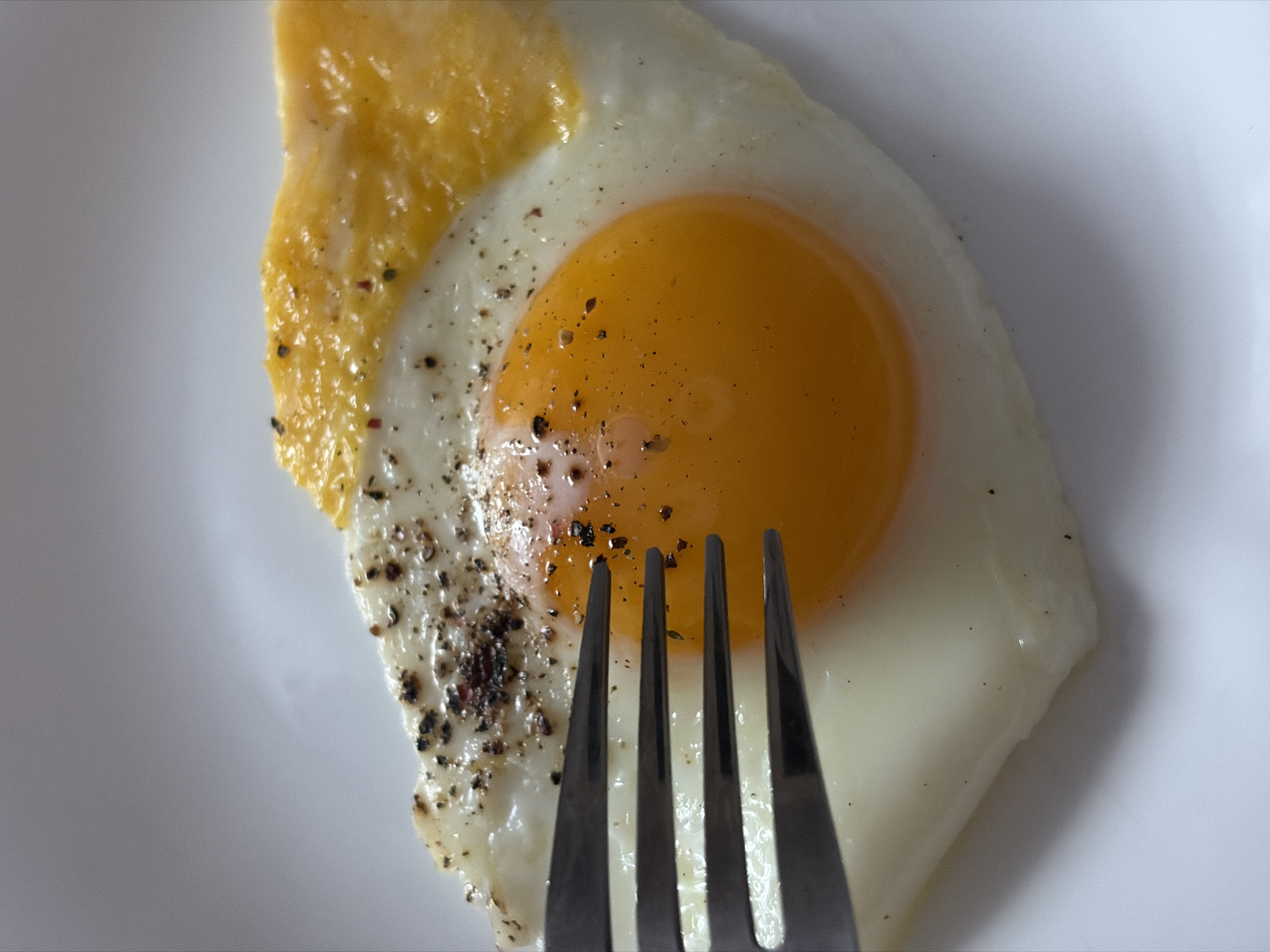 A close-up overhead shot shows a fried egg, seasoned with black pepper, on a white plate. The lower part of a fork obstructs the view of the egg. The yolk is bright yellow and the egg white is mostly cooked. The image has good lighting and detail. The location is not identifiable.